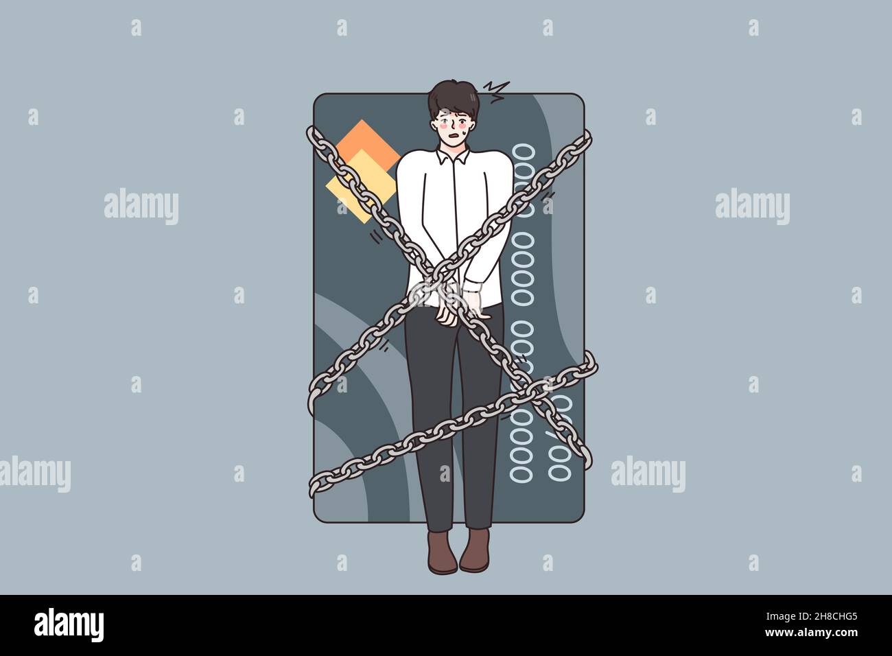 Financial crisis and debts concept. Young stressed man being locked with chains to huge credit card having debts as slave over grey background  Stock Vector