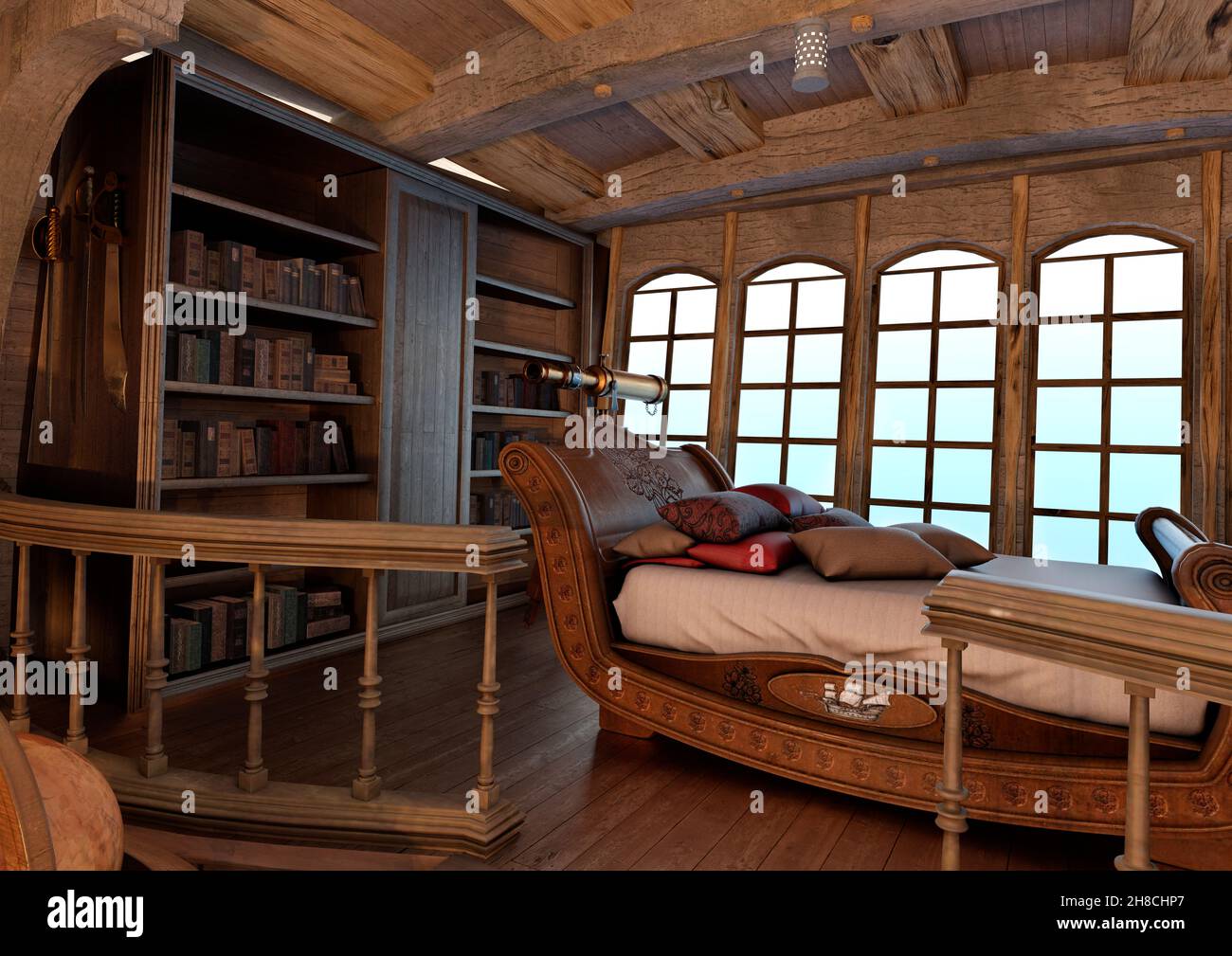 3D rendering of a vintage pirate cabin interior Stock Photo - Alamy
