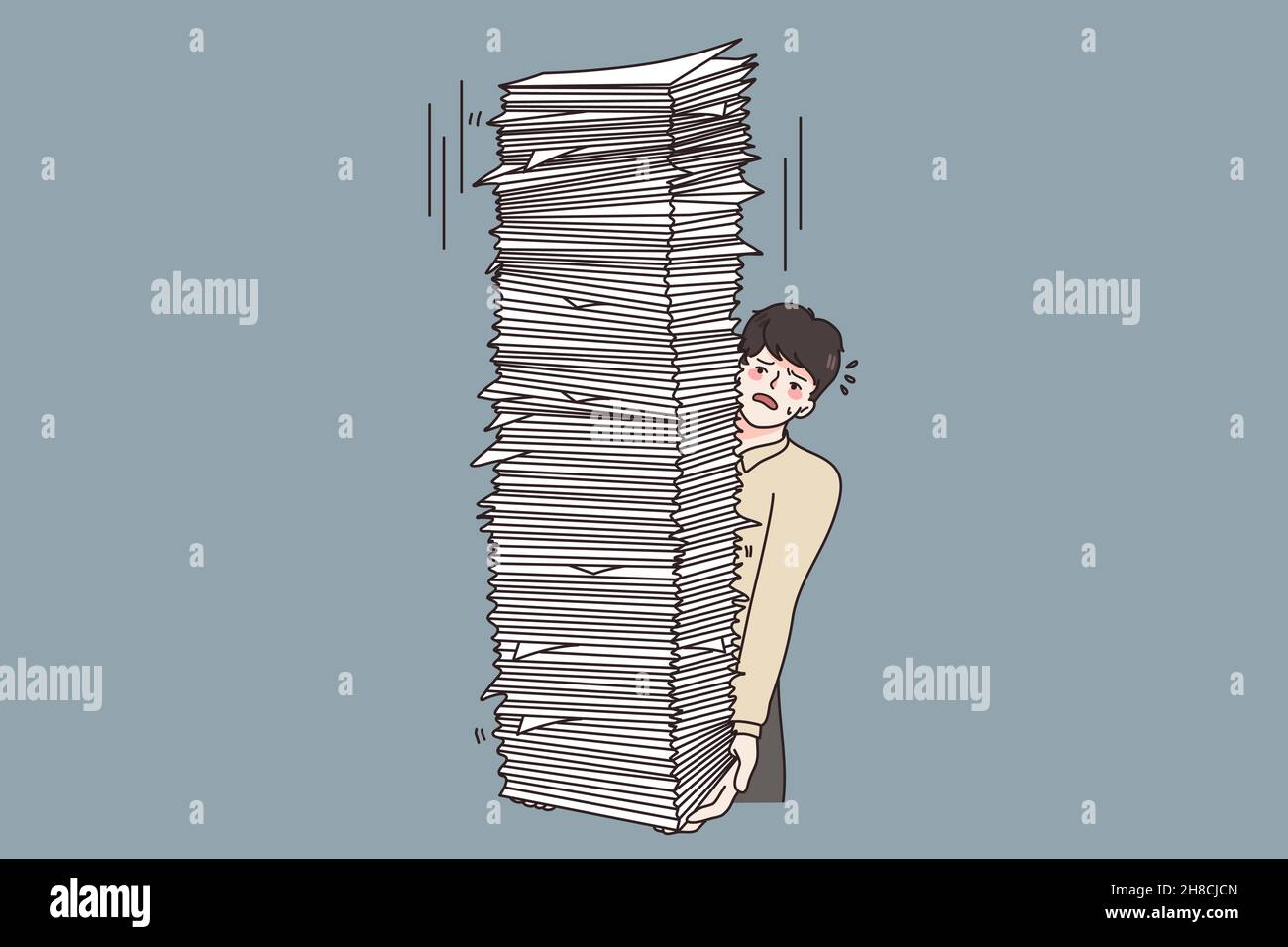 Overwork and pressure at work concept. Young stressed man worker carrying huge stack heap of papers documents feeling tired vector illustration  Stock Vector