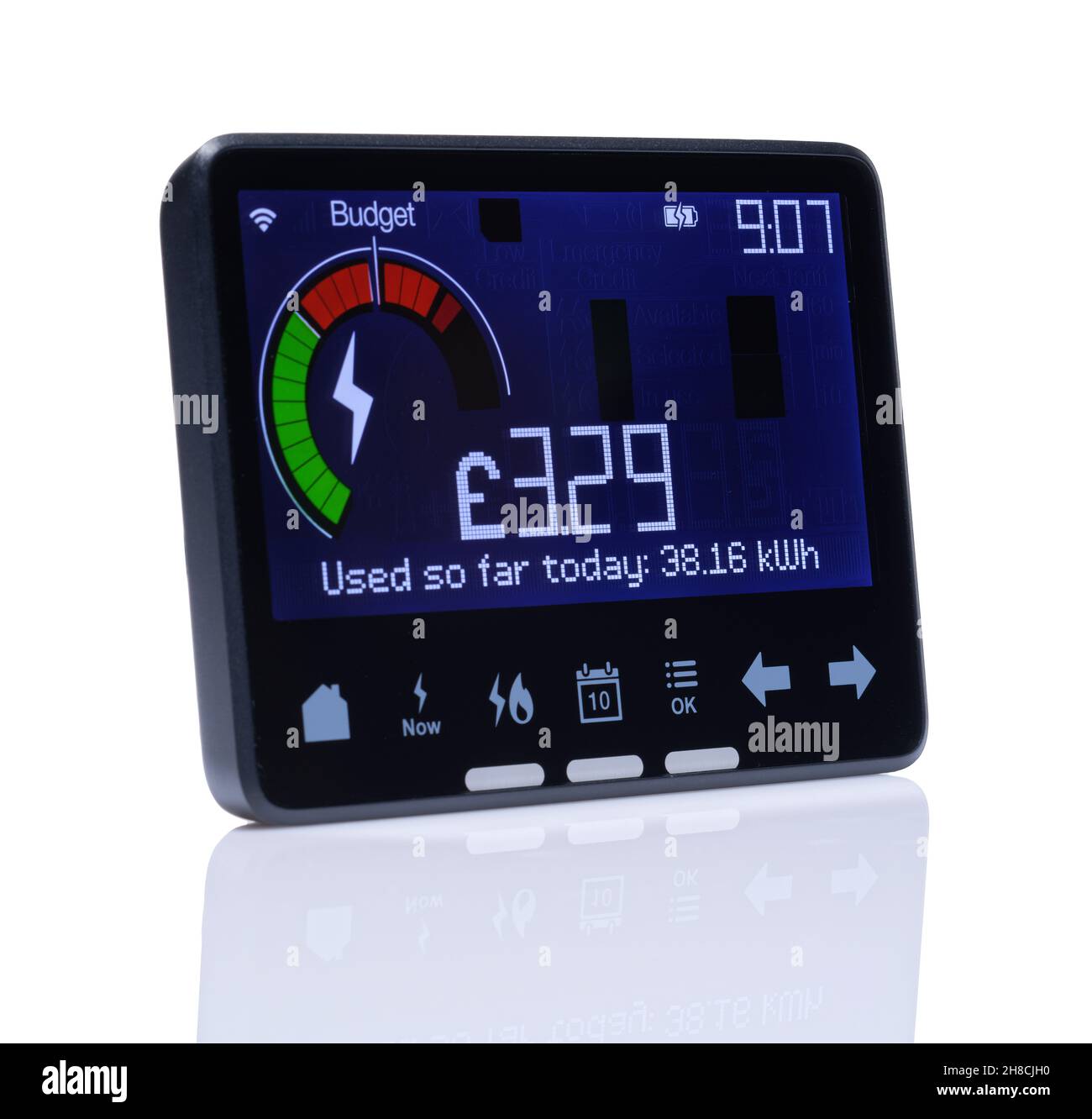 Smart meter in home display or reader. A small screen that shows electricity used. A daily budget can be set and usage clearly seen. Stock Photo