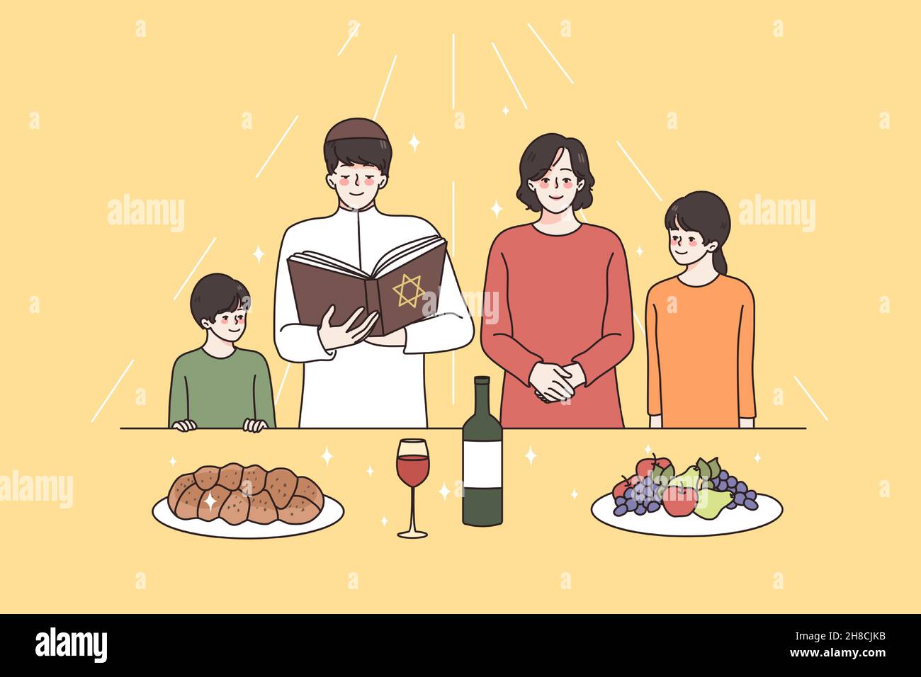 Religious education and spirituality concept. Jew family with children standing with religion book praying all together before meal vector illustration  Stock Vector