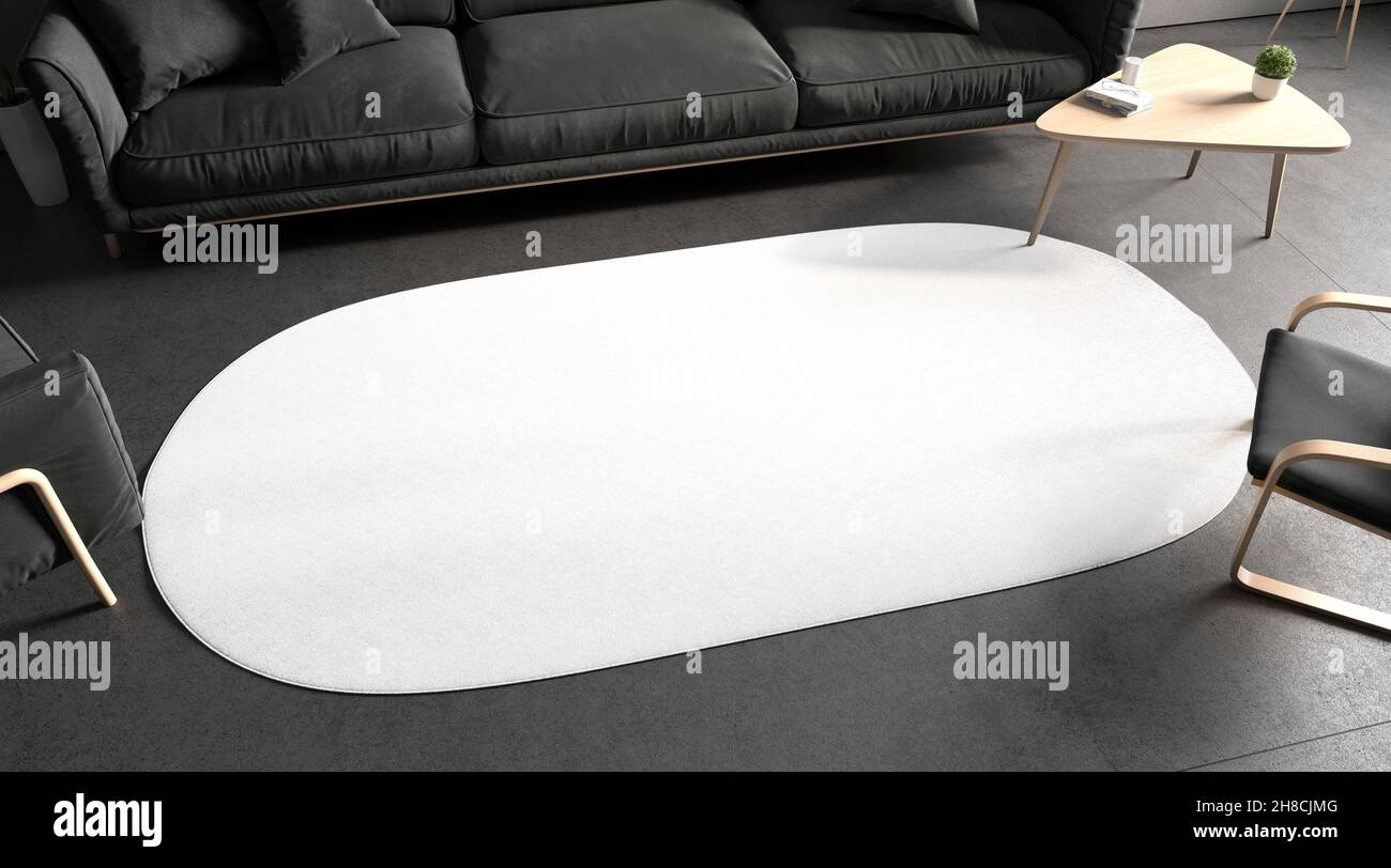Blank white oval interior carpet in room mockup, top side view, 3d rendering. Empty round carpeting surface mock up. Clear wool or sheepskin decorativ Stock Photo