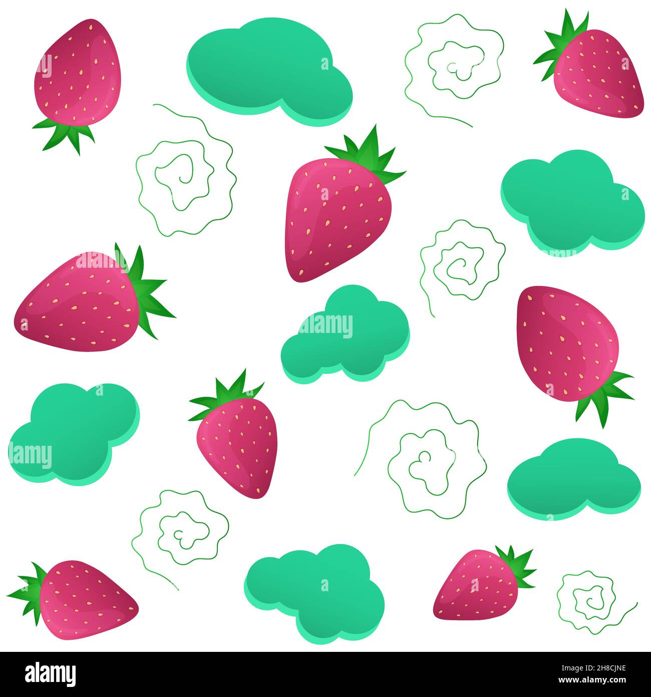 Pattern with strawberries, adding clouds and lines on a white background Stock Vector