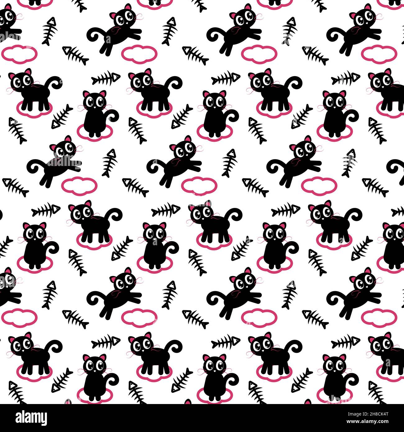 Pattern with black cats on a pink cloud with fish skeleton Stock Vector