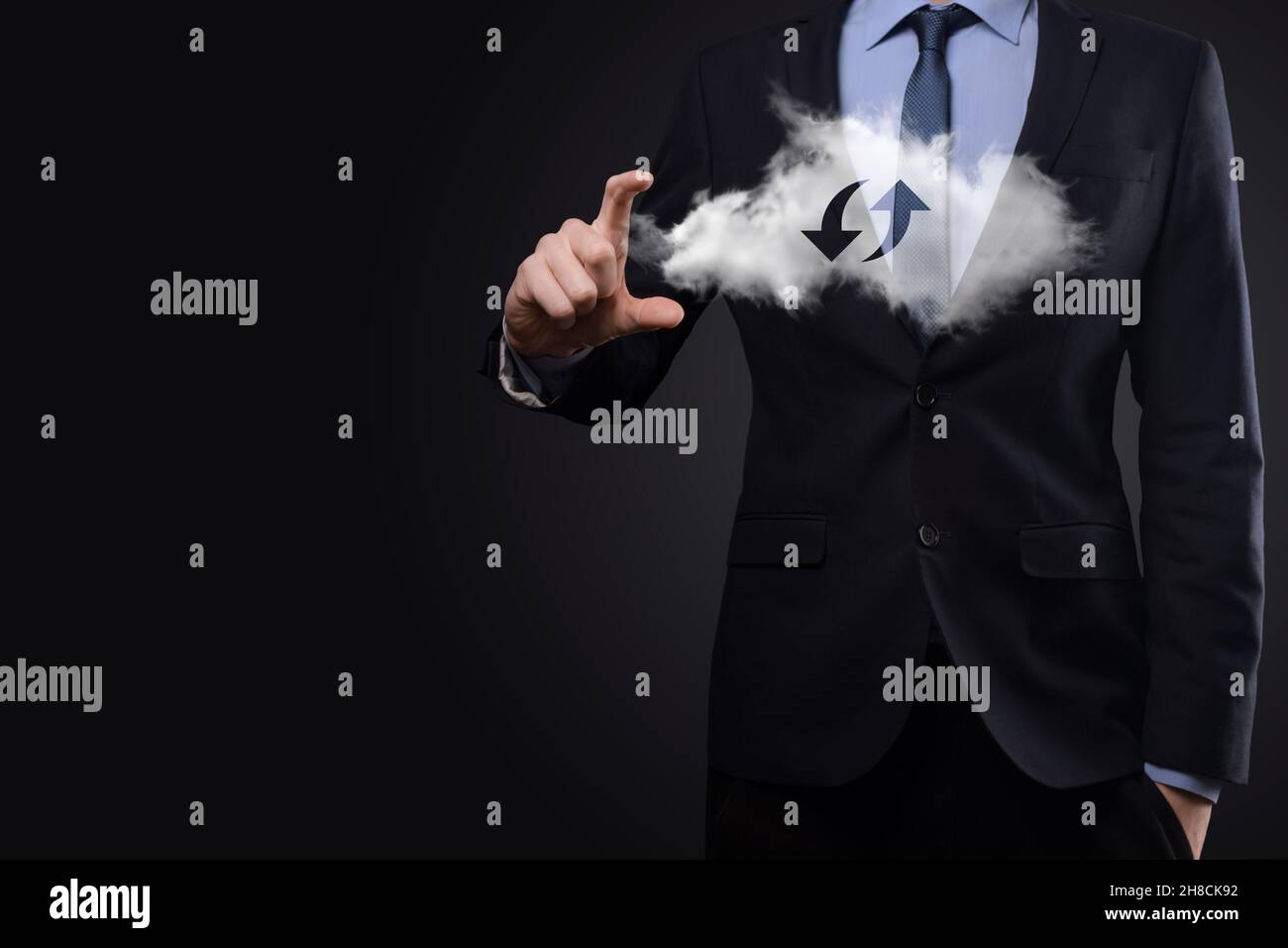 Cloud technology. Polygonal wireframe cloud storage sign with two arrows up and down on dark . Cloud computing, big data center, future infrastructure Stock Photo