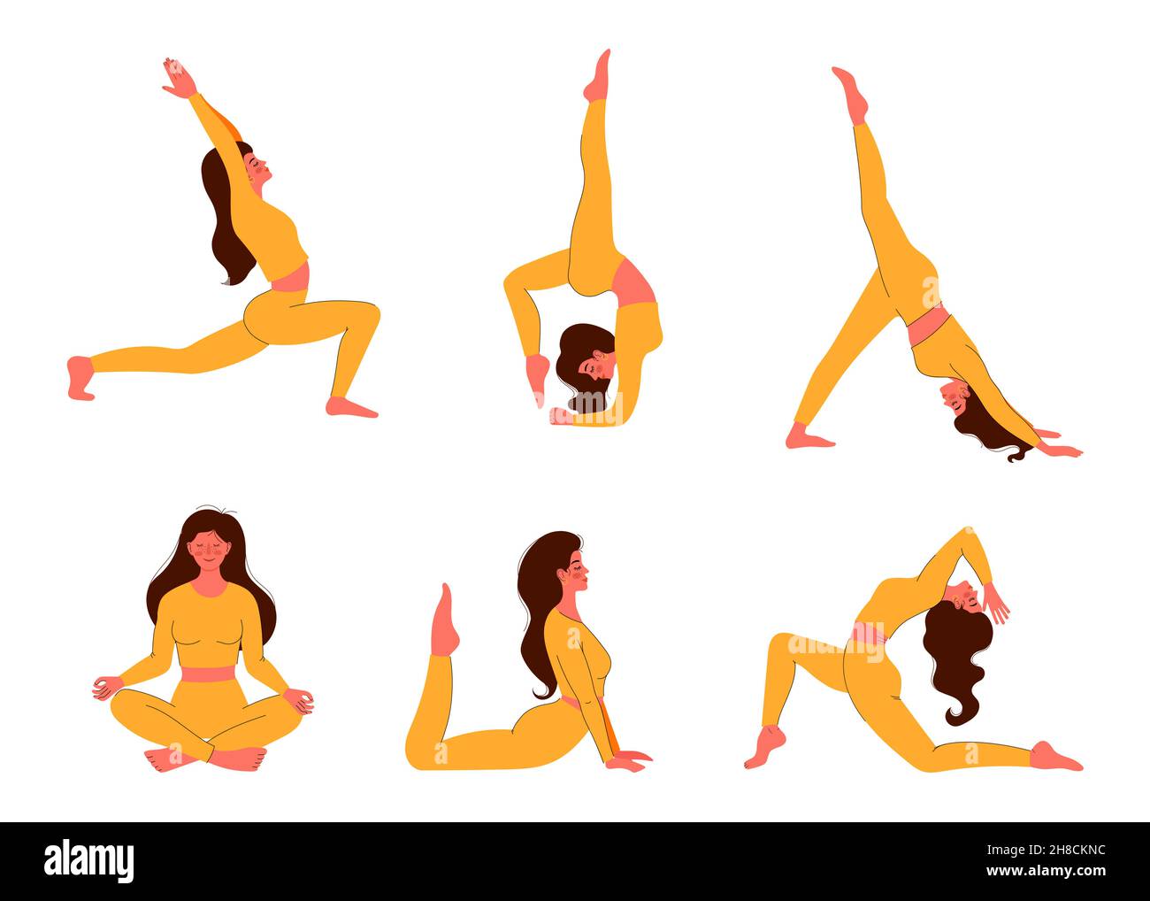 Girl does yoga exercises. Healthy lifestyle set Stock Vector