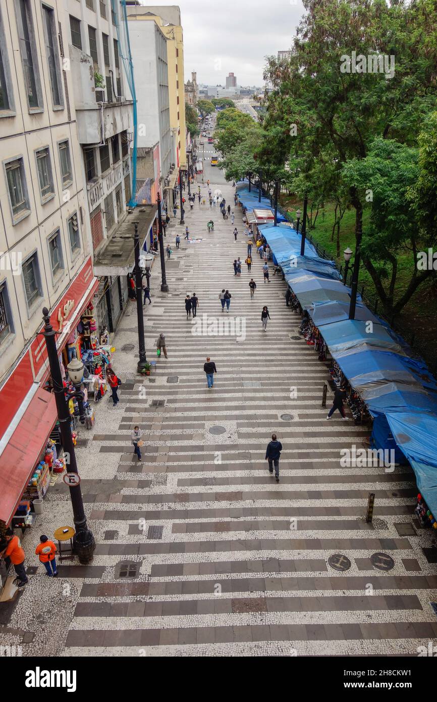 Vertical shot of a popular 25 de Marco shopping street in the central zone of San Paulo in Brazil Stock Photo