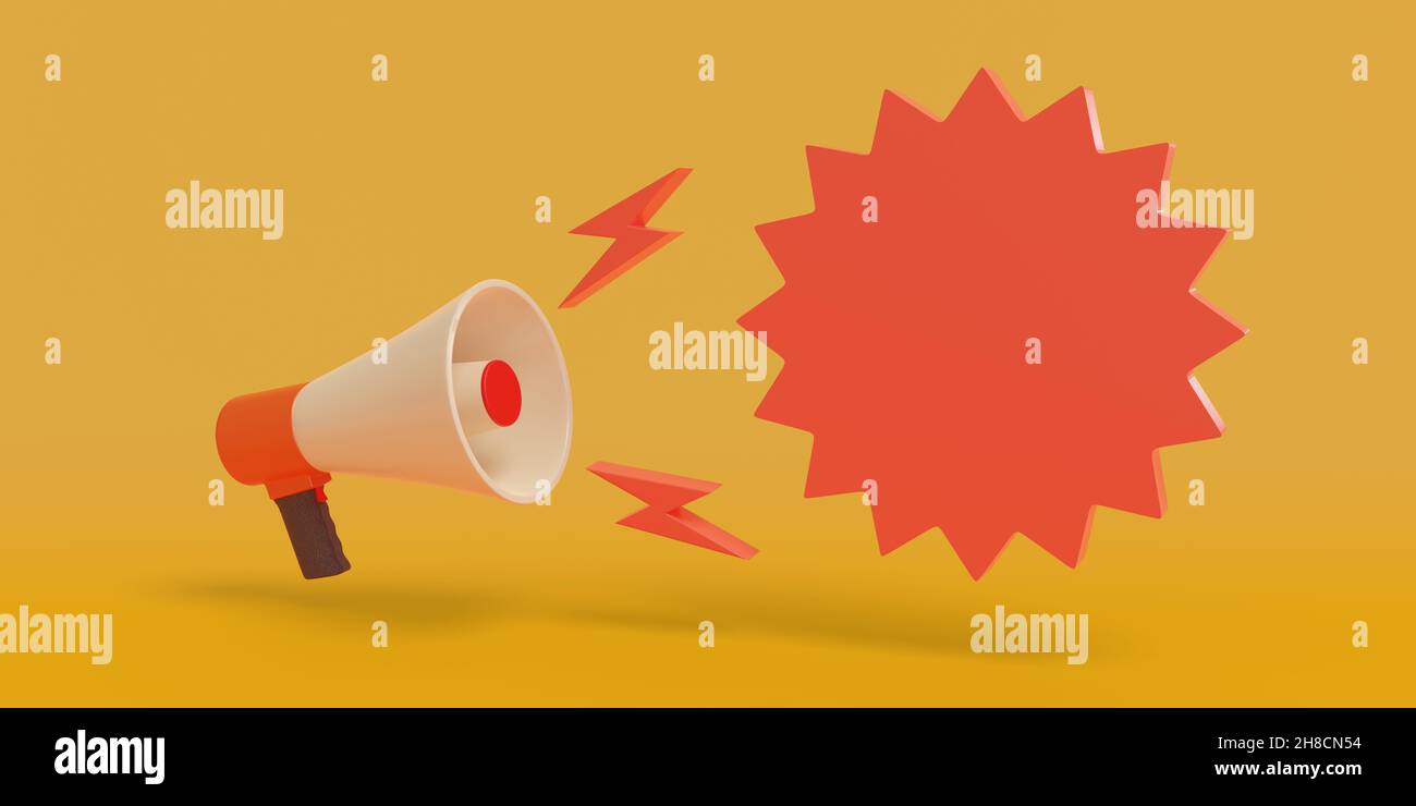 Megaphone with blank speech balloon isolated on orange background. 3d