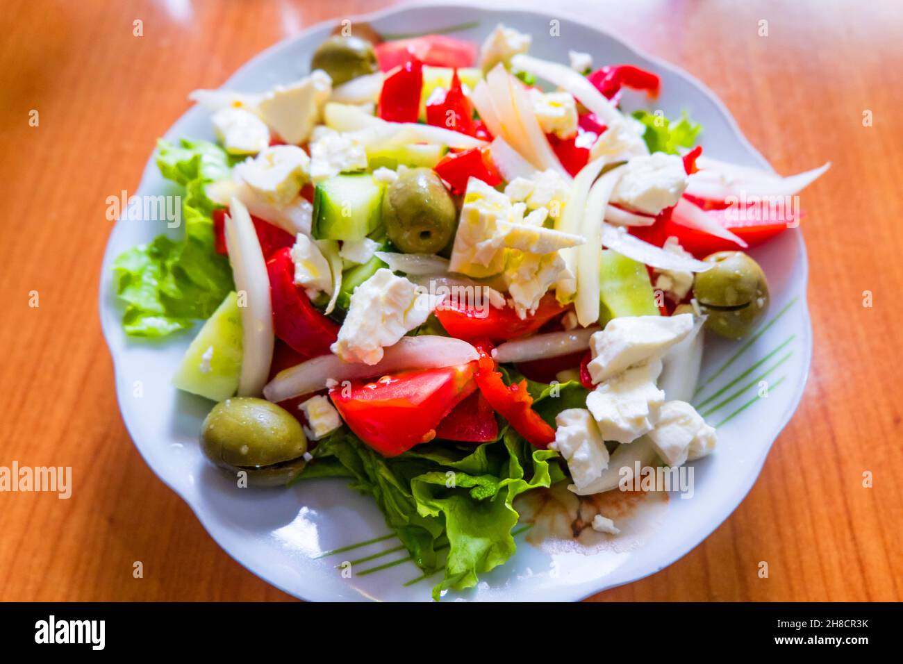 Mixed salad with Albanian sheep cheese and olives, Tirana, Albania Stock Photo