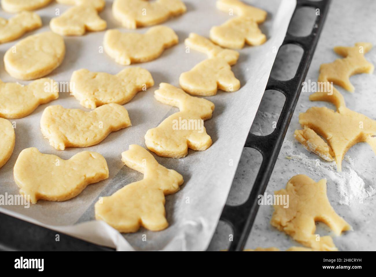 Ready for baking cookies cut in shape of rabbit, egg and chicken on parchment paper Stock Photo