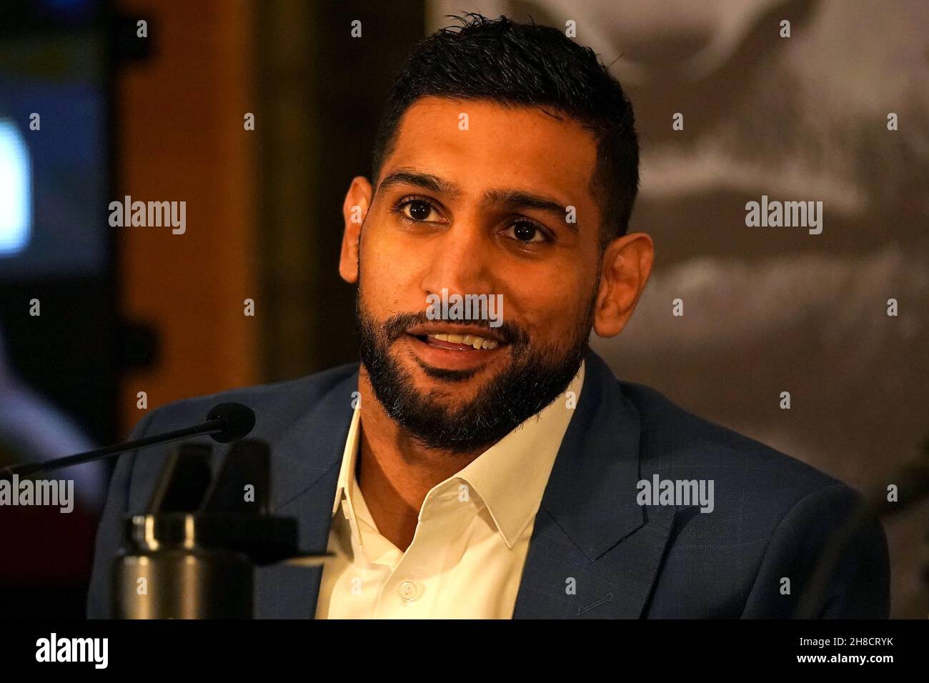 Amir Khan during a press conference at the London Hilton, London. Domestic rivals Amir Khan and Kell Brook will finally settle their long-running grudge on February 19. Picture date: Monday November 29, 2021. Stock Photo