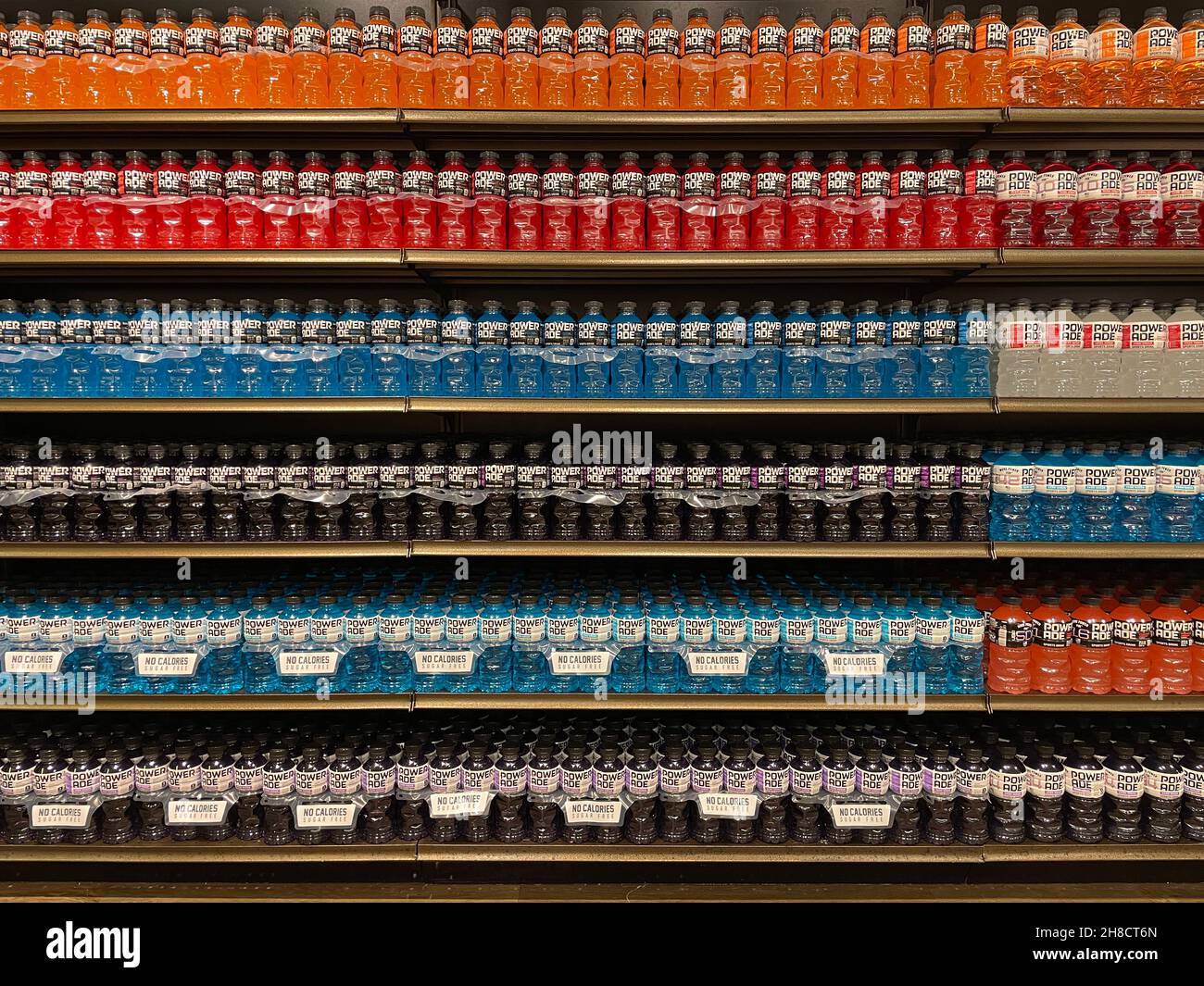 Augusta, Ga USA - 07 01 21: Powerade drink colorful display wall background Stock Photo
