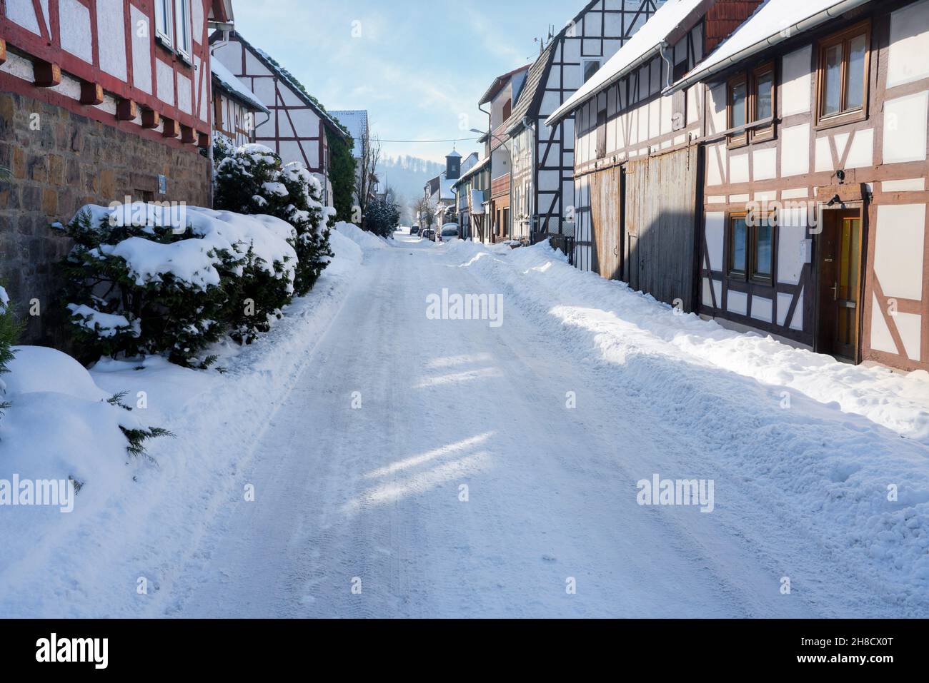 Waldensian village of Gewissenruh in winter, Wesertal, Weser Uplands, Weserbergland, Hesse, Germany Stock Photo