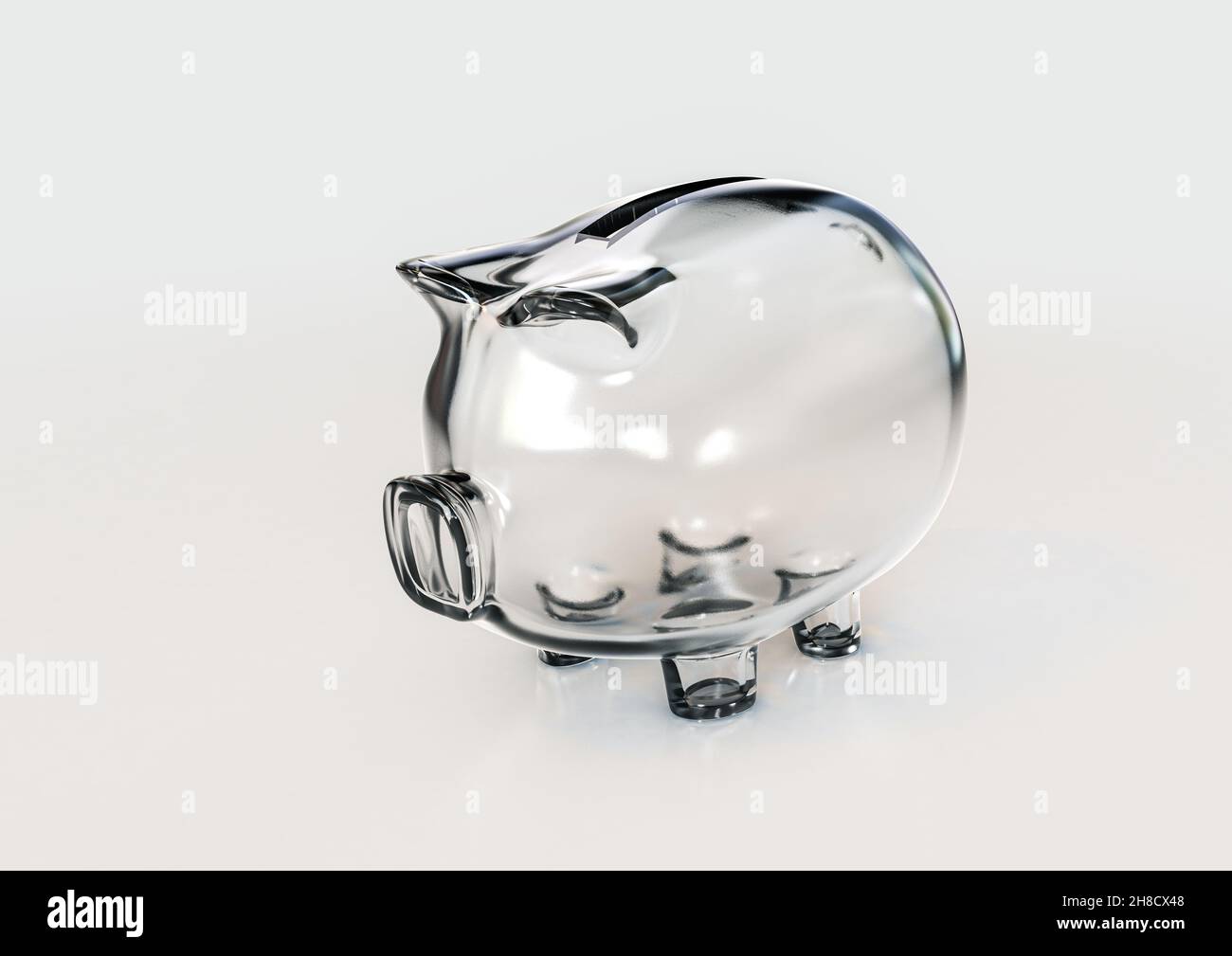 An empty transparent glass piggy bank on an isolated white background ...