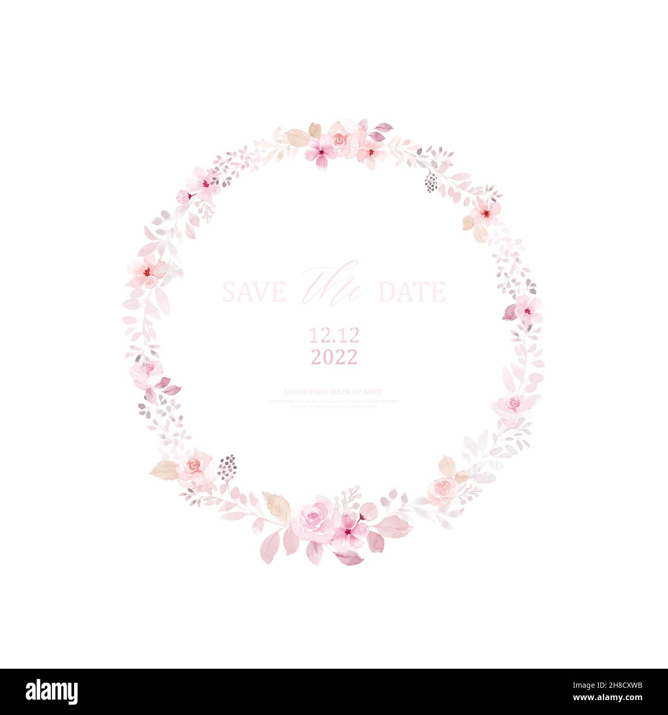 Watercolor wreath of light pink flower and leaves. Watercolor hand-painted with monochrome floral round frame isolated on white background. Suitable f Stock Vector