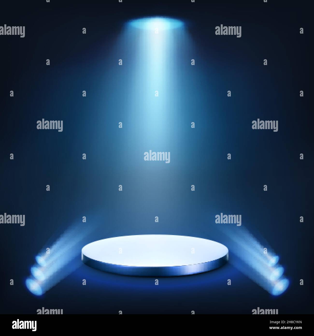 Shining spotlights and blue empty scene. Elegant promotion design template. Studio or stage background. Vector illustration Stock Vector