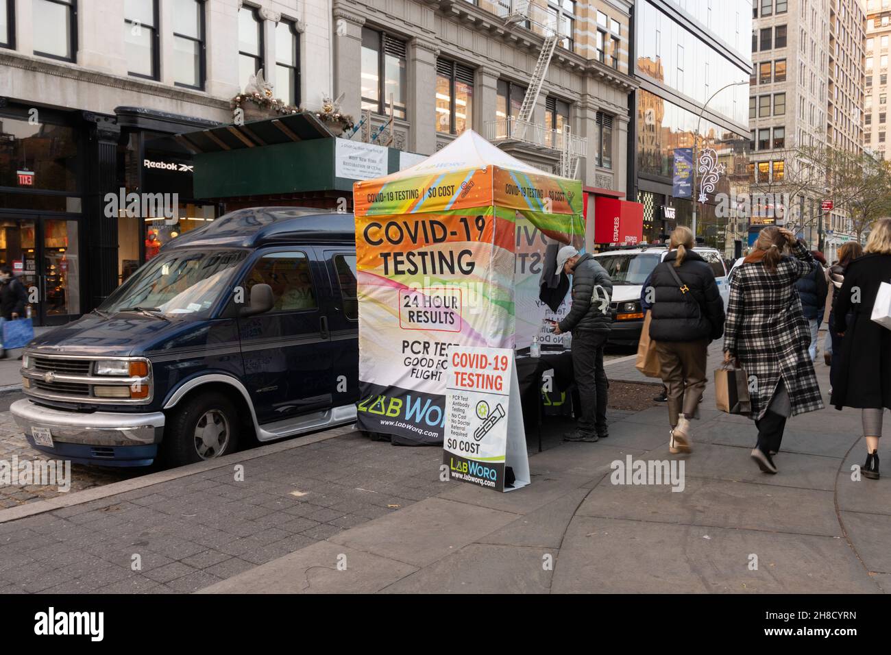 a free pop-up mobile covid-19 testing tent set up in front of Union Square in the West Village of Manhattan, New York  by LabWorq, results in 24 hours Stock Photo