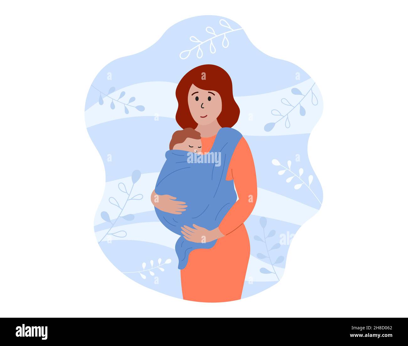 Baby carrier. Mother holding newborn in sling. Child is wrapped in