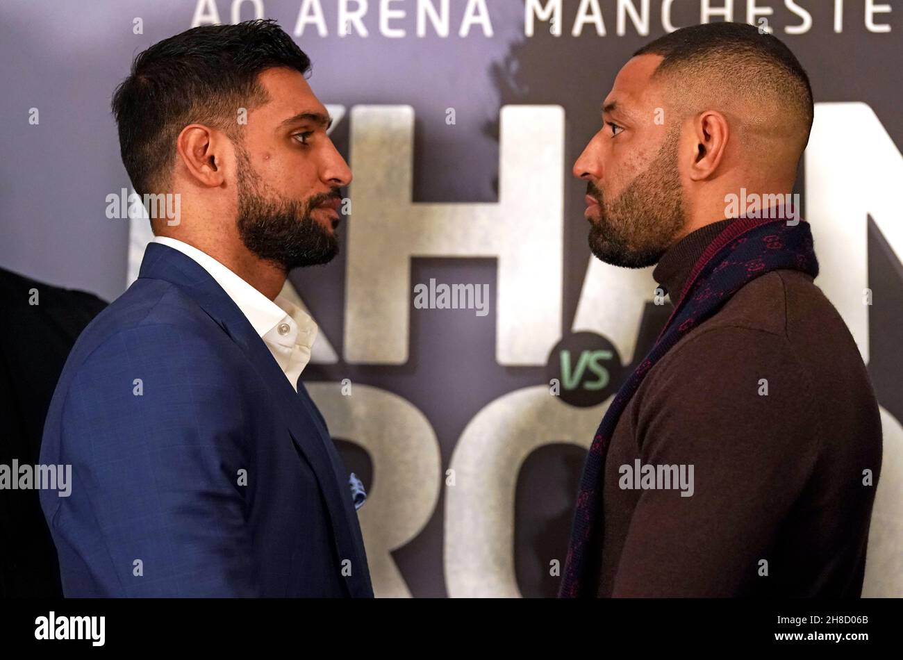 Amir Khan (left) and Kell Brook face off each other during a press conference at the London Hilton, London. Domestic rivals Amir Khan and Kell Brook will finally settle their long-running grudge on February 19. Picture date: Monday November 29, 2021. Stock Photo