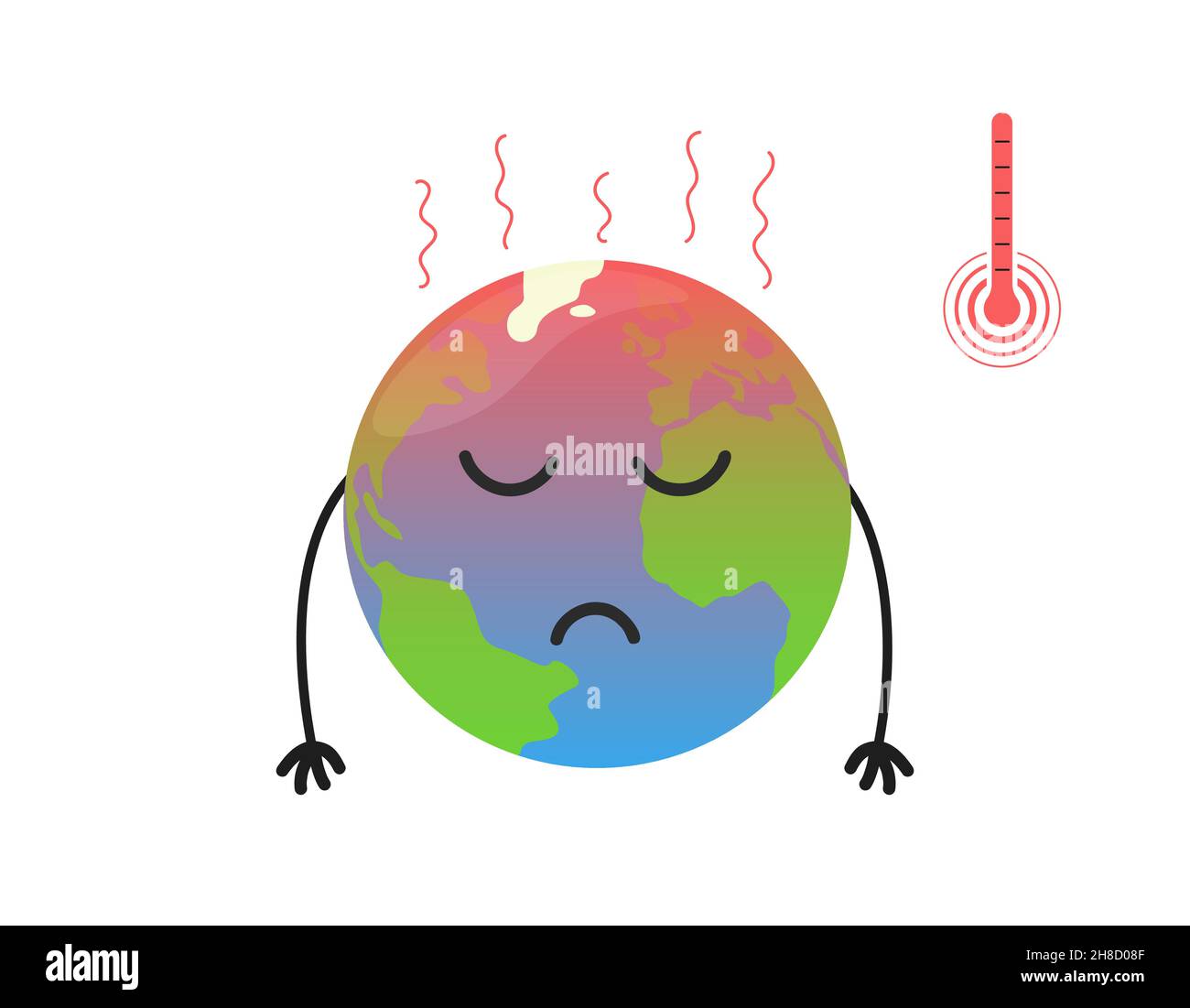 Global warming concept. Hot cartoon Earth planet is sad with hands down. Environmental protection poster. Vector isolated illustration. Stock Vector