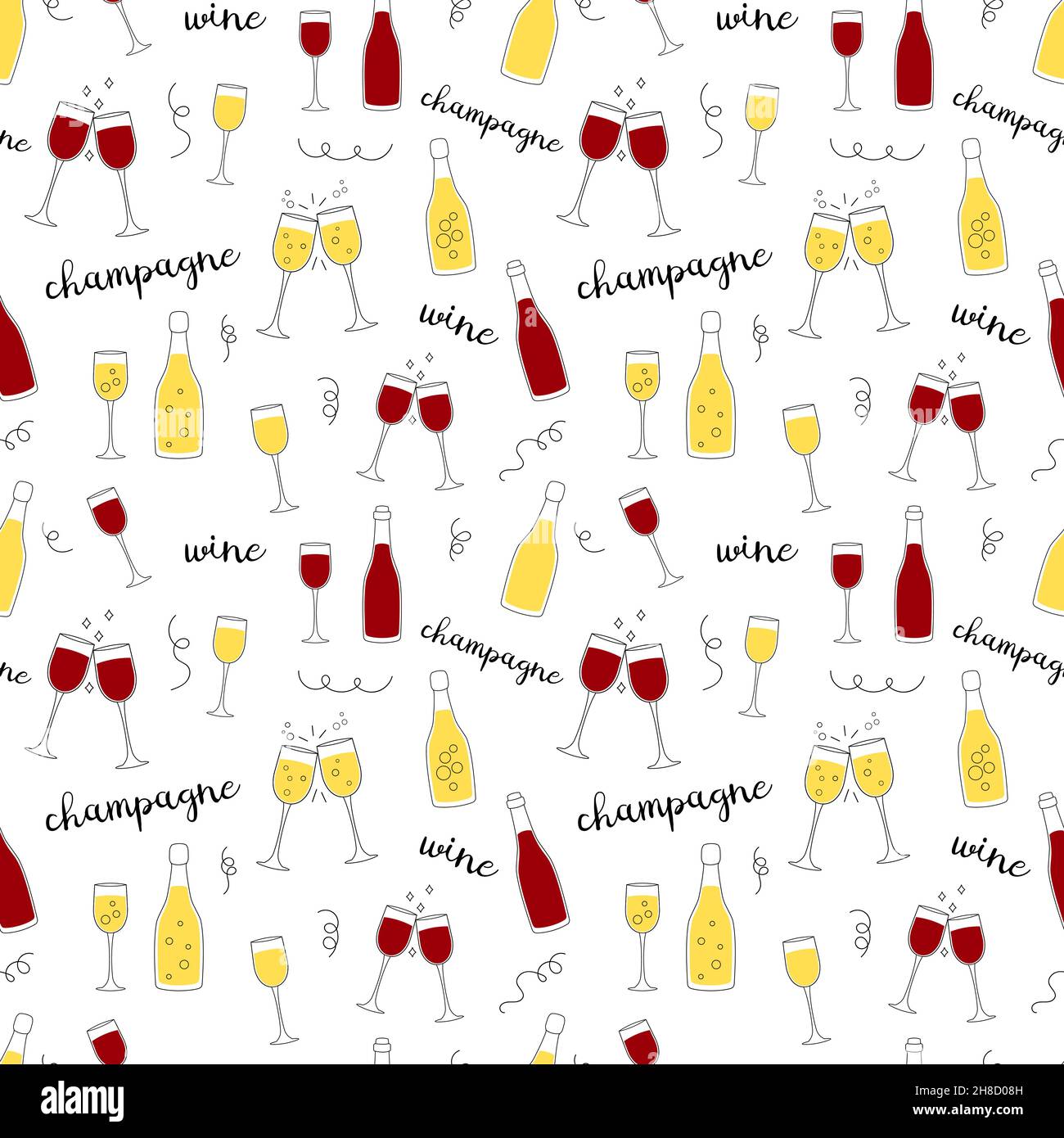 Wine alcohol seamless pattern. White vector background with glasses and bottles of champagne and red wine isolated. Outline doodle design. Stock Vector