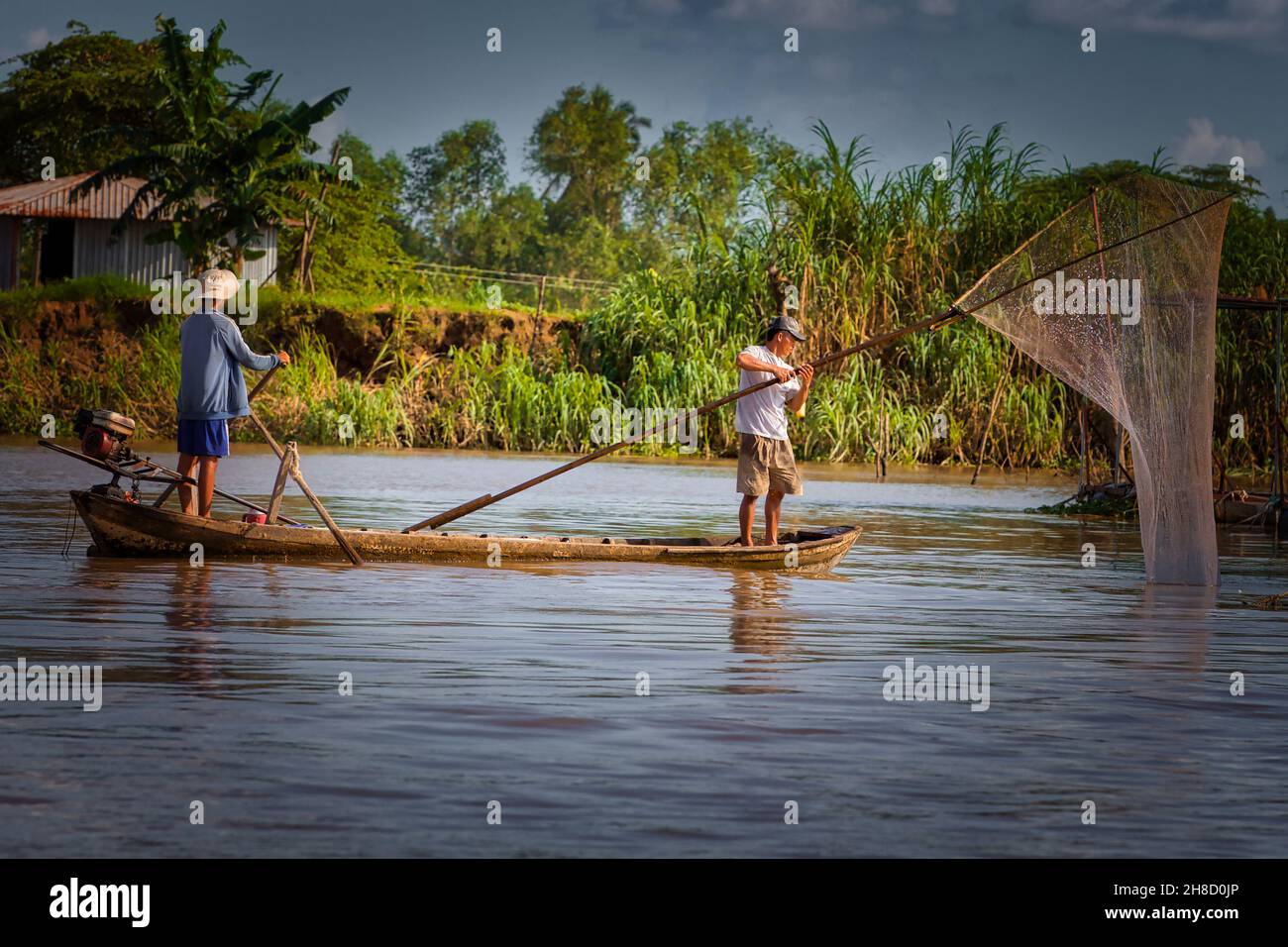 Fischer auf dem Mekong Stock Photo