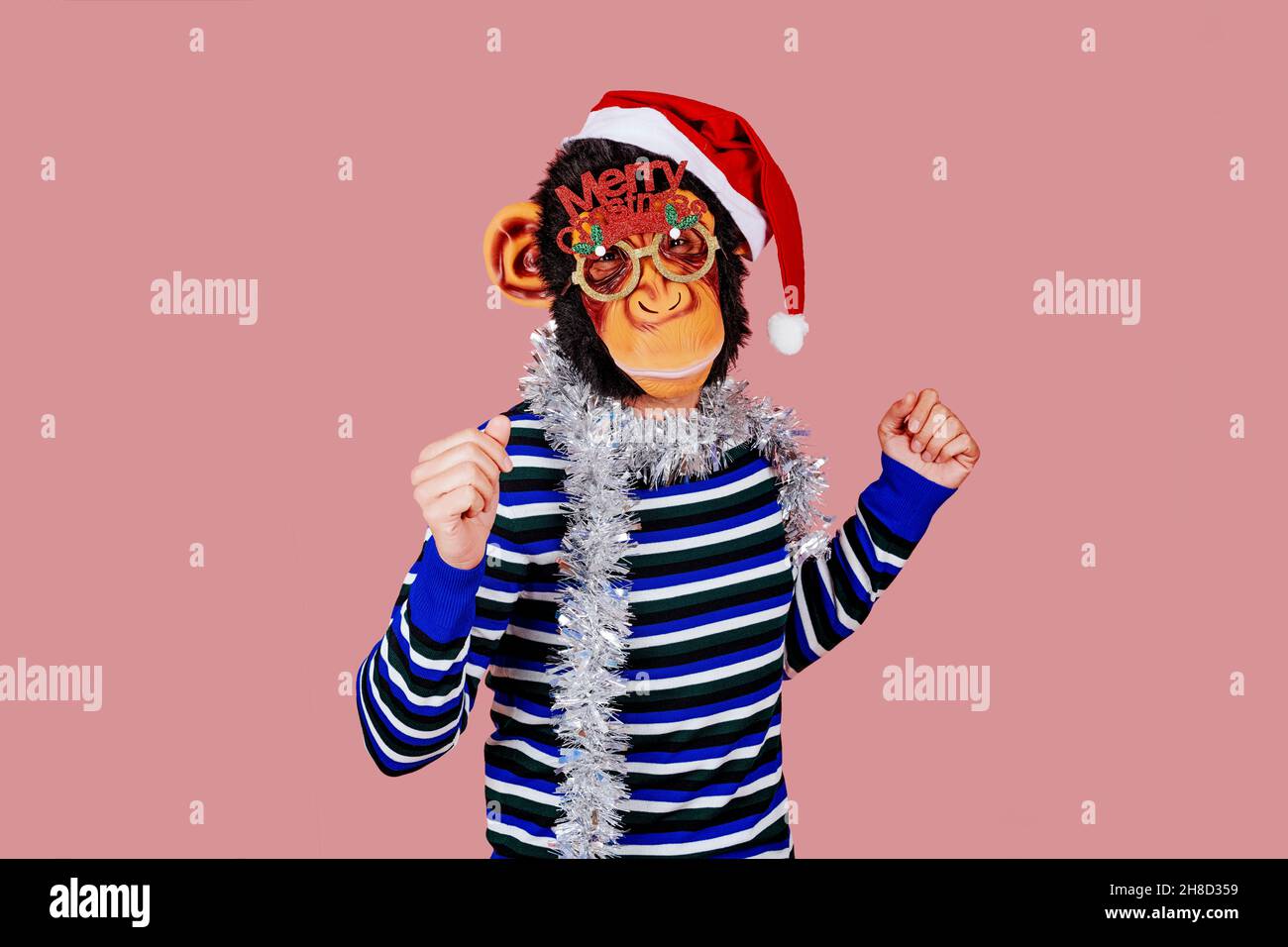 a funny man is dancing wearing a monkey mask, a santa hat, a pair of eyeglasses with the sentence merry christmas, and a strip of silver tinsel around Stock Photo