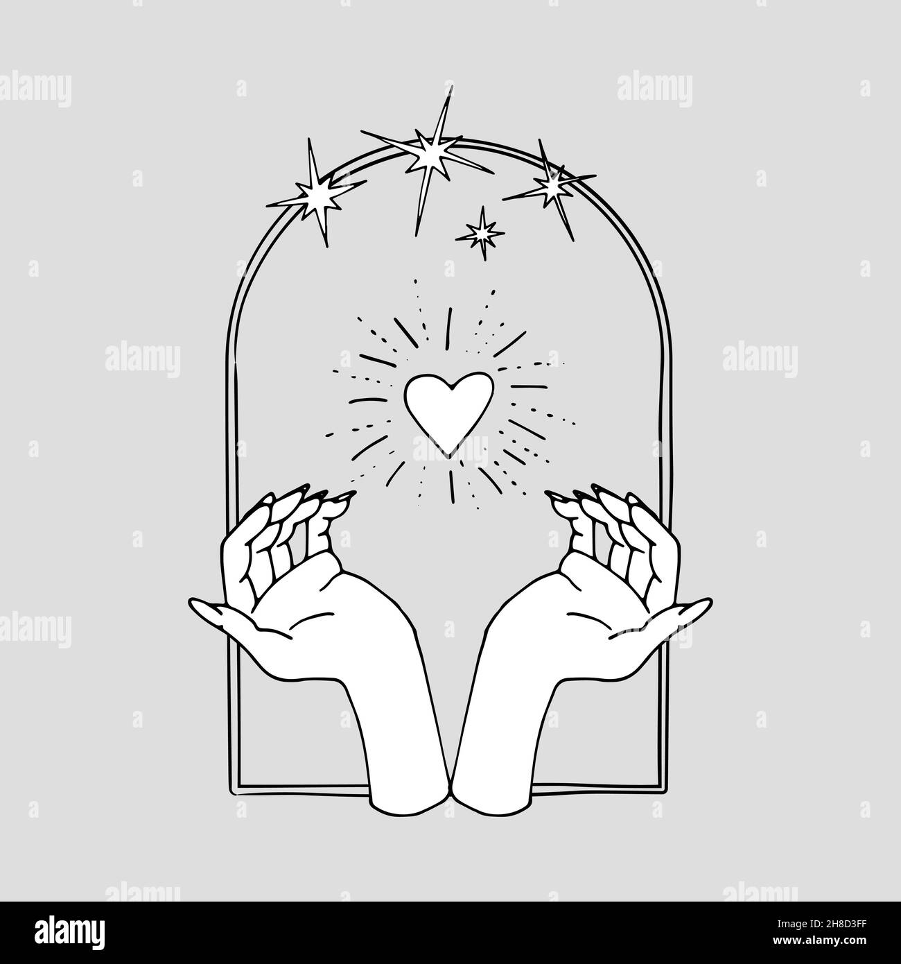 Vintage Mystic hands and shining heart inside arch with stars Stock Vector