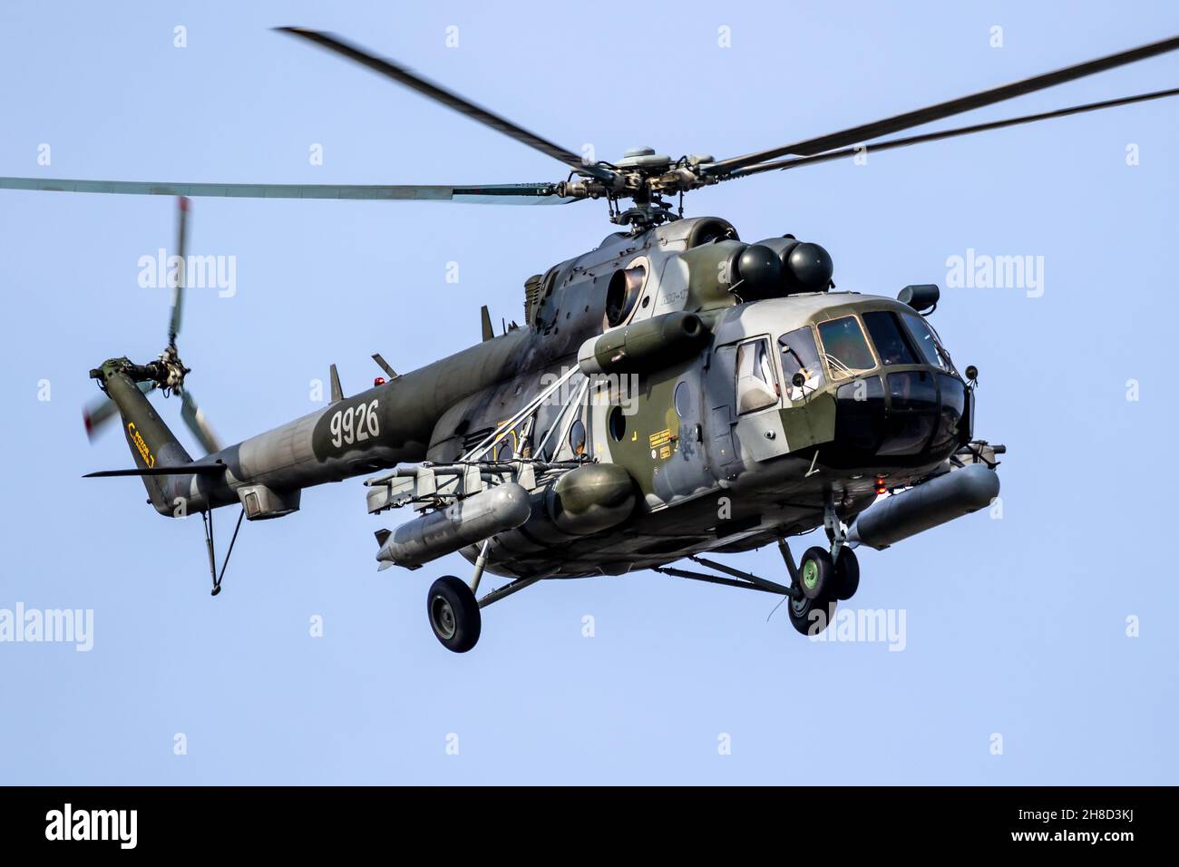 Czech Republic Air Force Mil Mi-171Sh transport and attack helicopter in flight over Kleine-Brogel Air Base, Belgium - September 13, 2021 Stock Photo