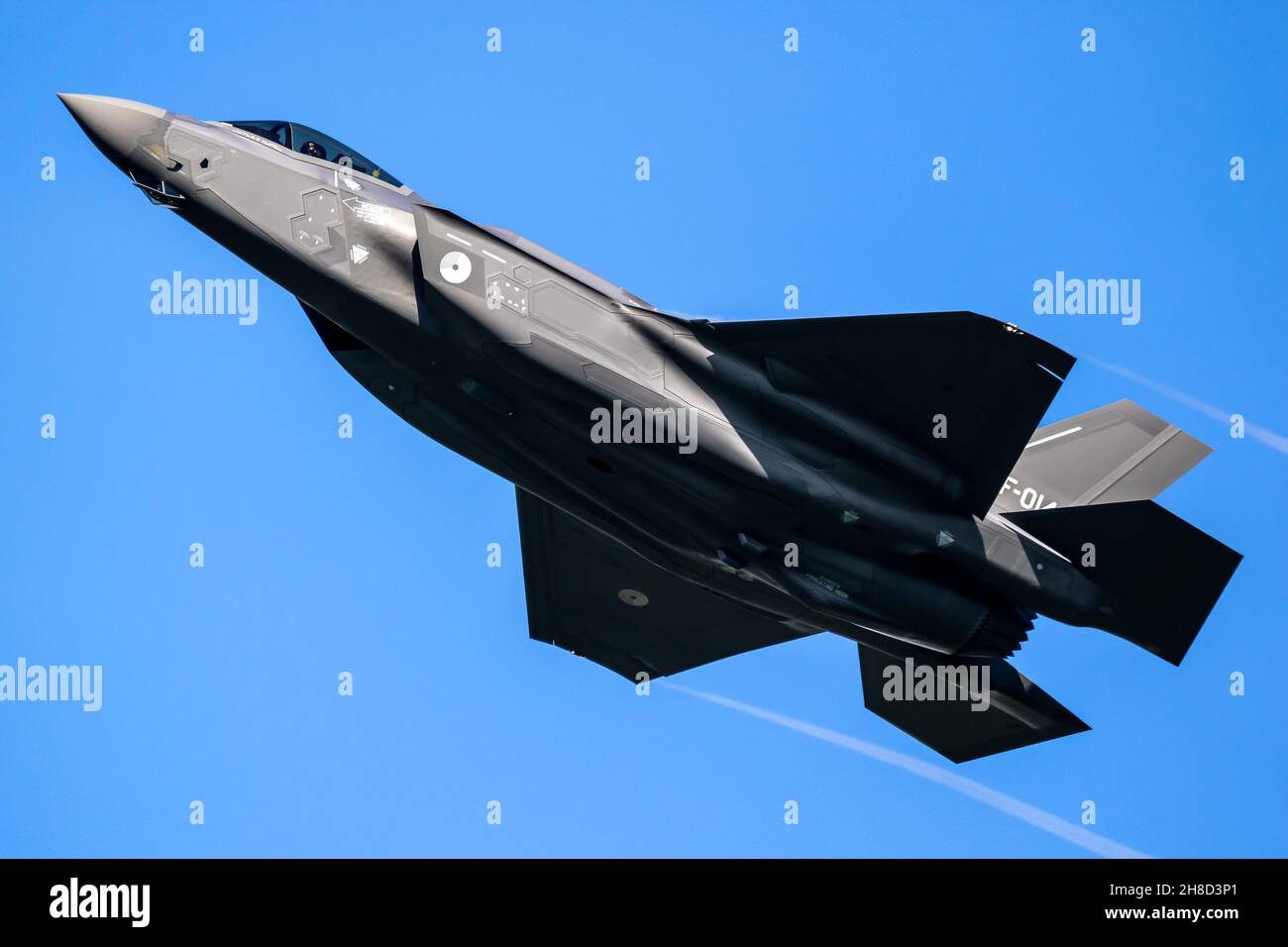 Lockheed Martin F-35 Lightning II stealth multirole combat aircraft from the Royal Netherlands Air Force taking off from Leeuwarden Air Base. October Stock Photo