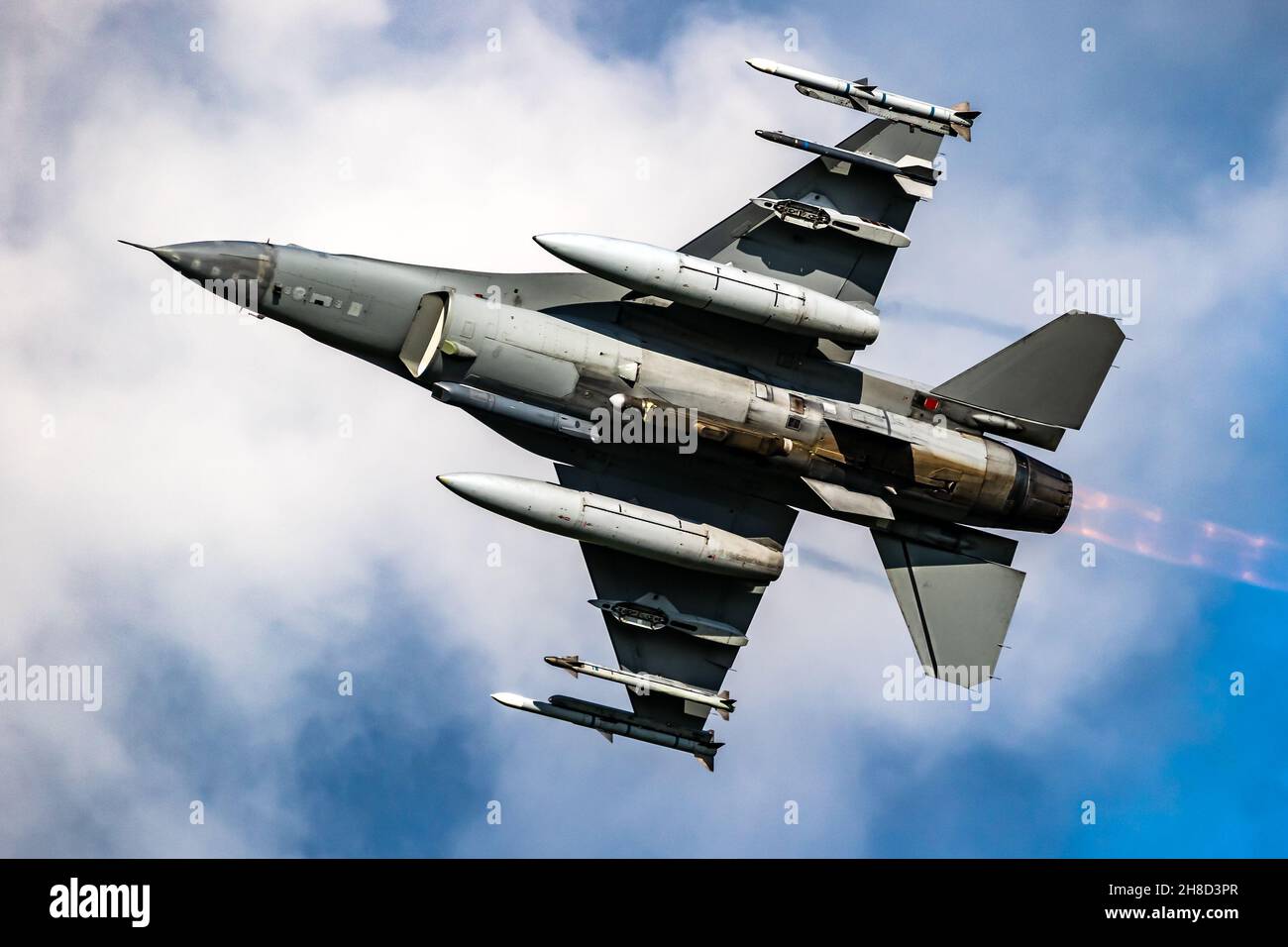 Military air force fighter jet interceptor airplane in full flight. Stock Photo