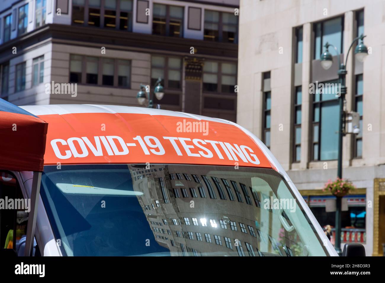 Bus Stop at Covid-19 a mobile test center USA Stock Photo