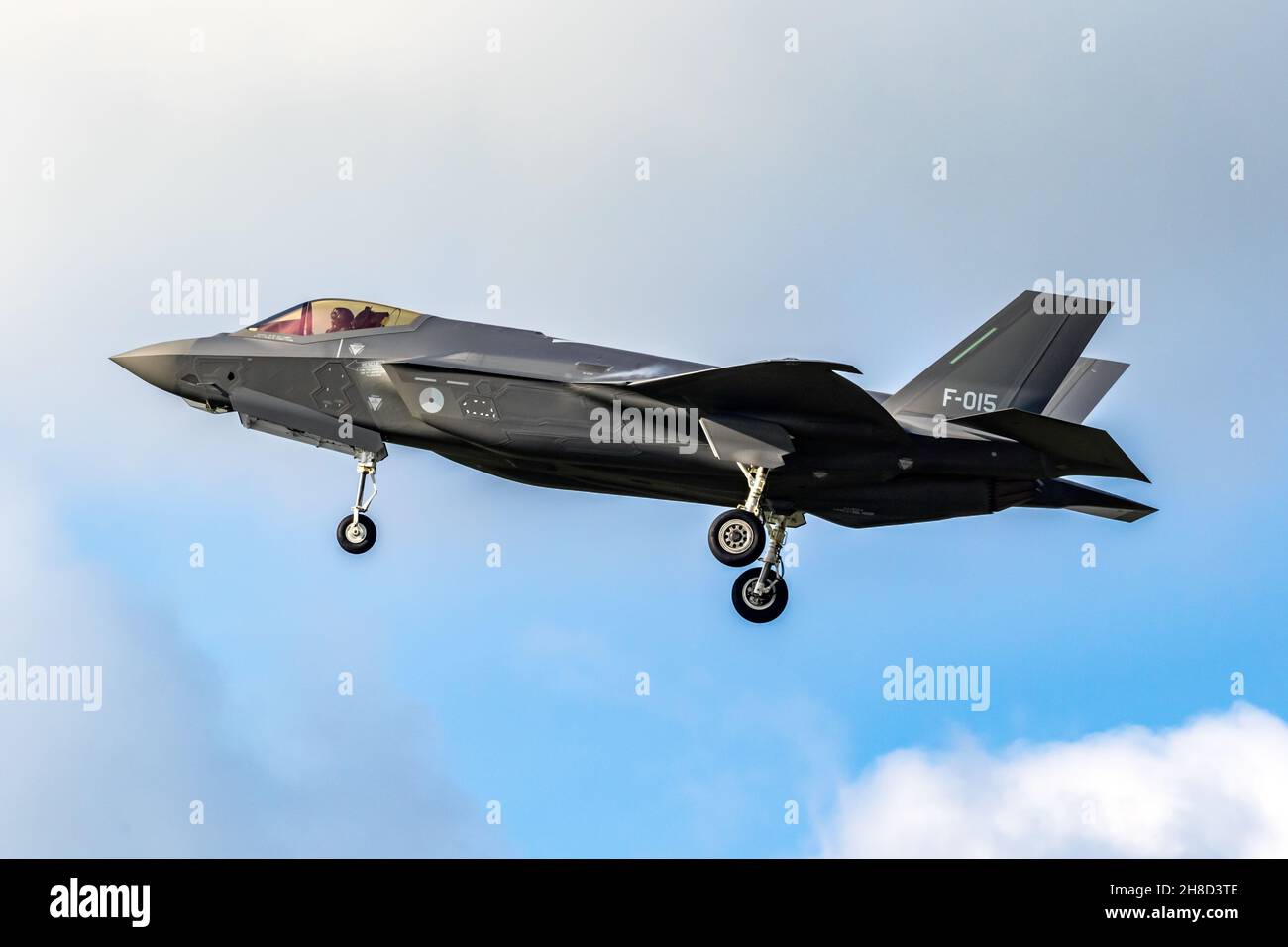 Lockheed Martin F-35 Lightning II stealth multirole combat aircraft from the Royal Netherlands Air Force arriving at Leeuwarden Air Base. October 7, 2 Stock Photo