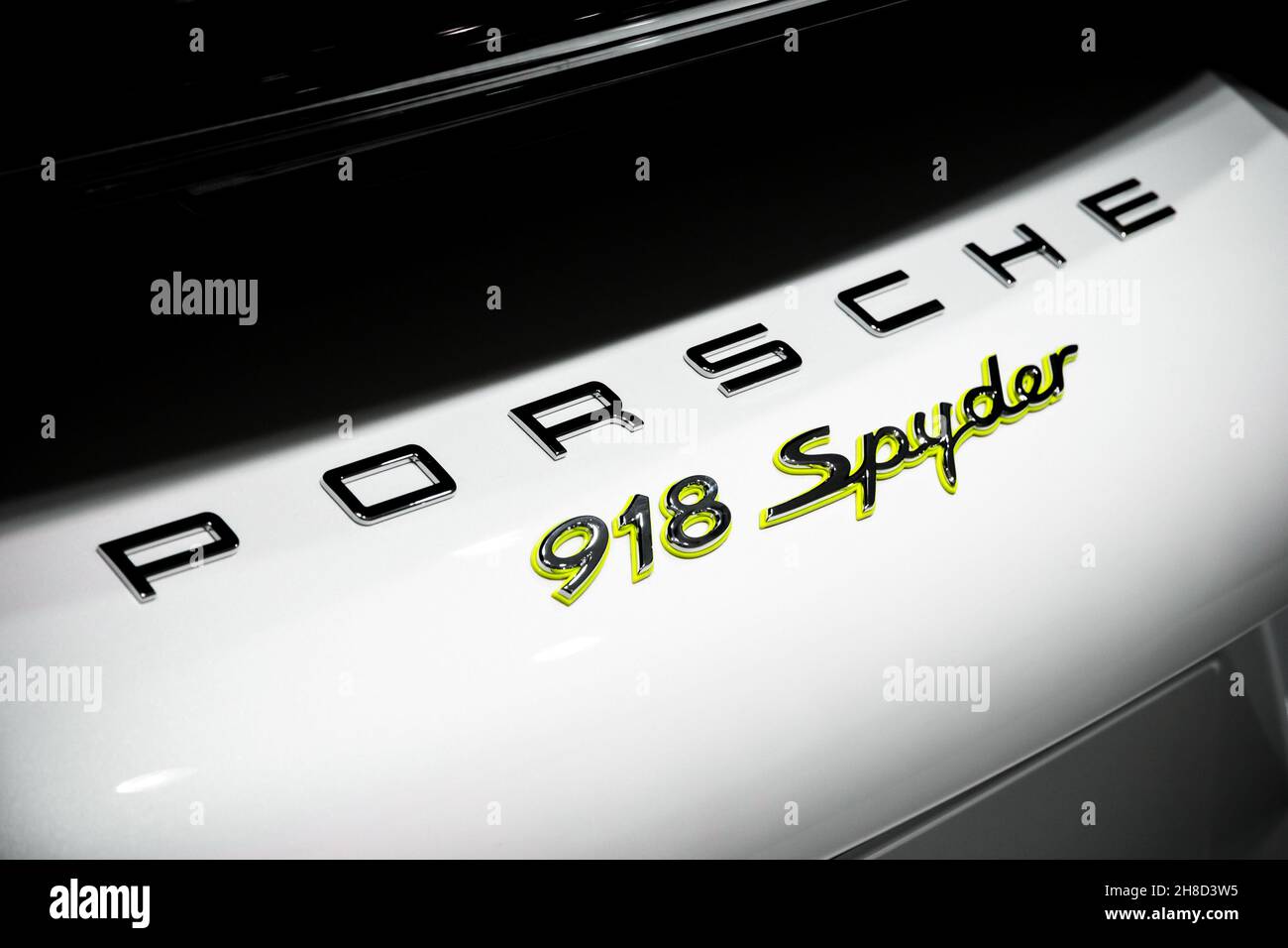 Porsche 918 Spyder sports car showcased at the 85th Geneva International Motor Show. March 3, 2015 Stock Photo
