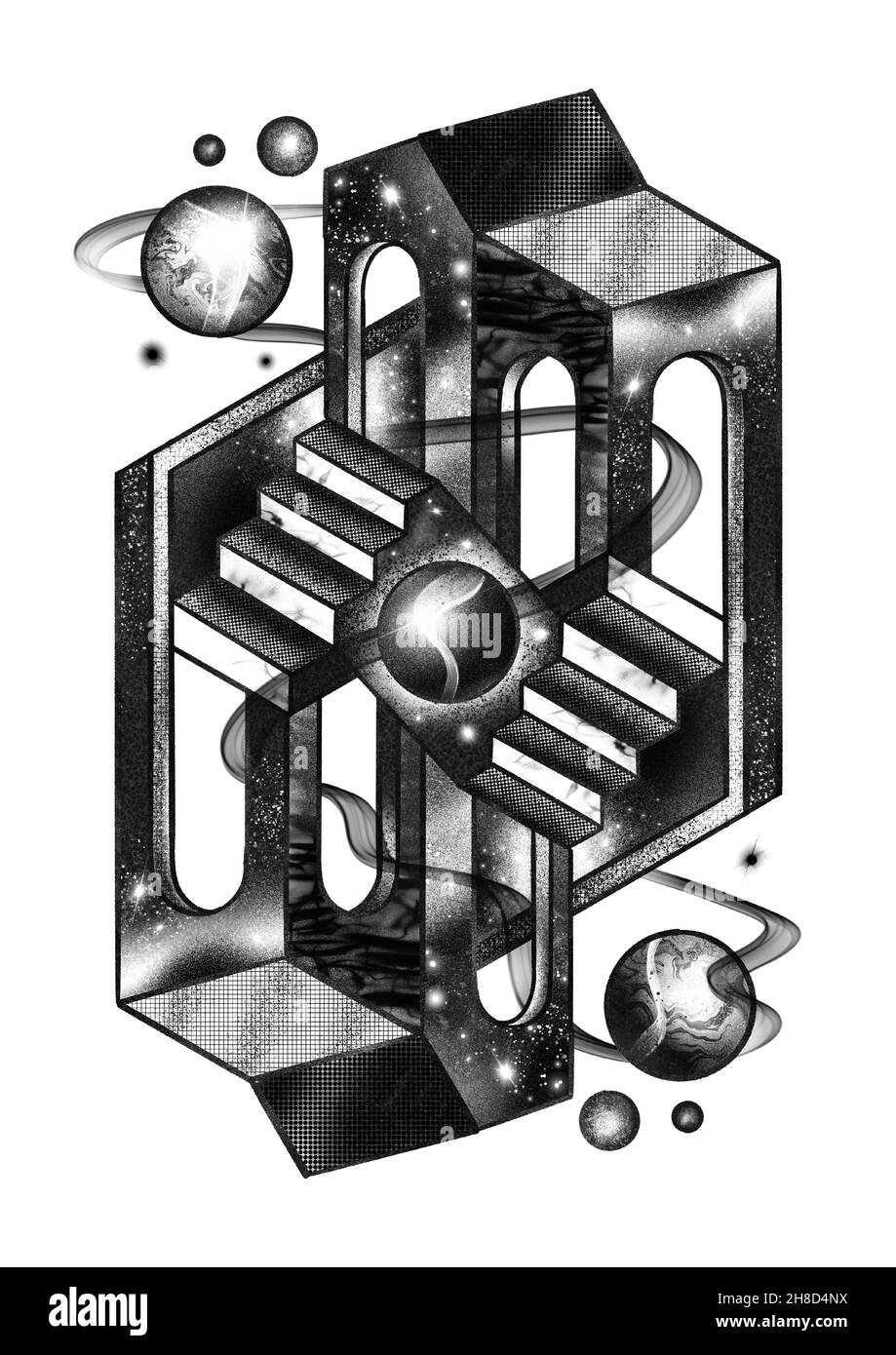 Isometric black and white M.C. Escher Style Stock Photo
