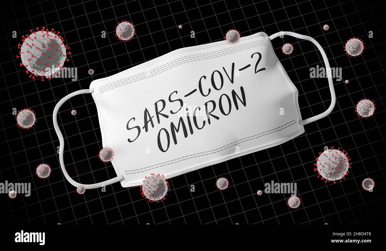 SARS-CoV-2, Covid-19, Omicron variant concept, face mask - 3D illustration Stock Photo