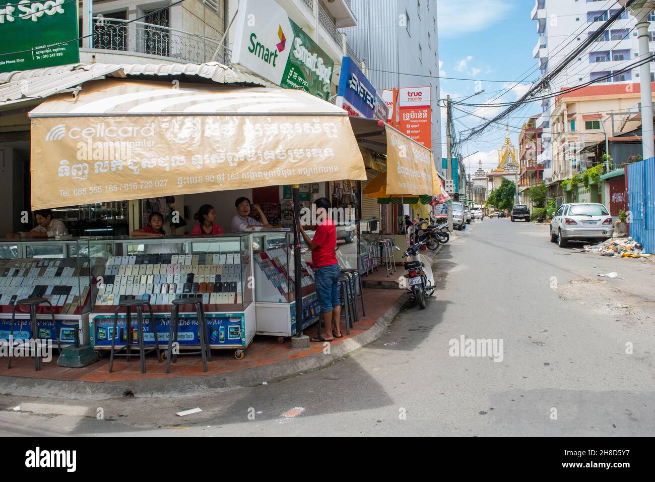 PHNOM PENH, CAMBODIA - Aug 06, 2017: A corner shop or stall selling mobile phones and telephony equipmenin the city of Phnom Penh, Cambodia, Asia Stock Photo