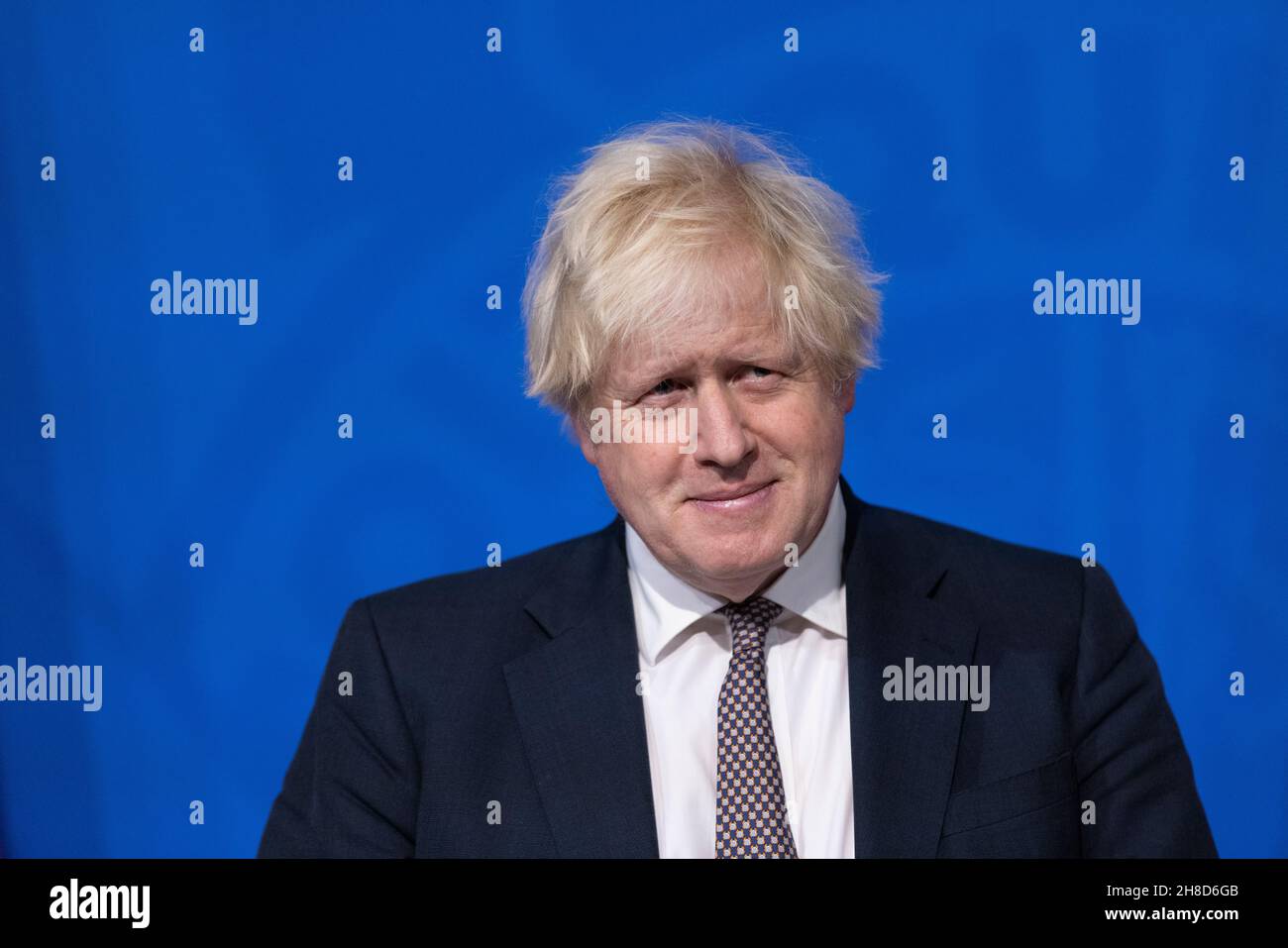 UK Prime Minister Boris Johnson gives COVID-19 Press Conference urging people to get their booster jabs, Downing Street, London, United Kingdom Stock Photo