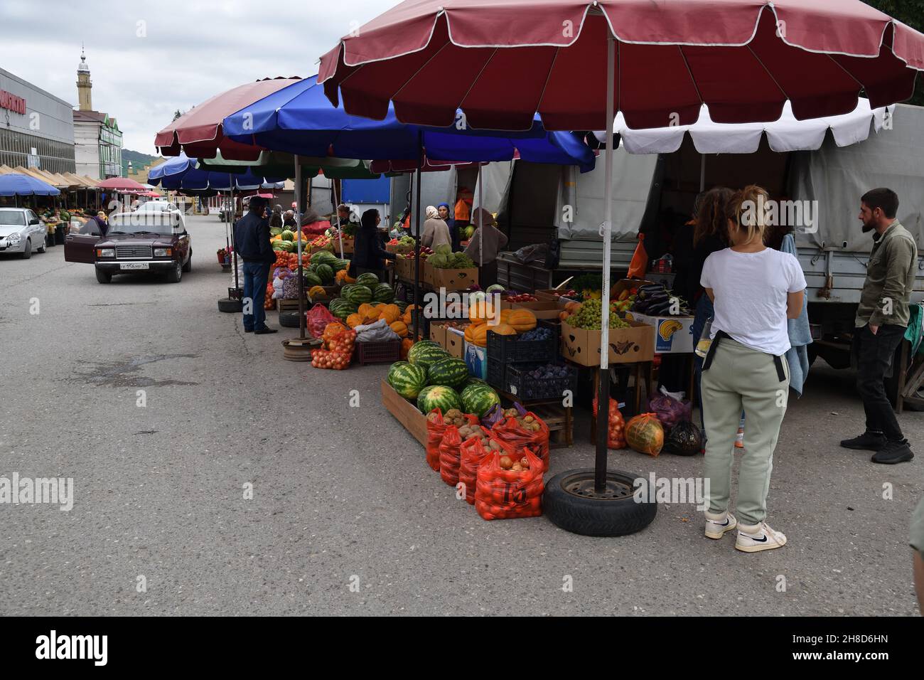 Vedeno, Russia - September 10, 2021: Street food market in settlement Vedeno,  45 km south of the regional capital Grozny, Chechnya Stock Photo