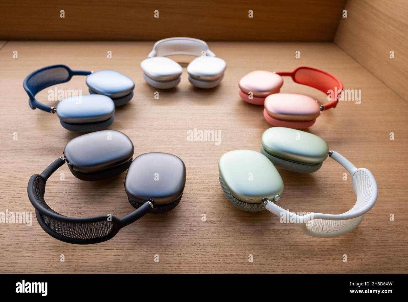 A variety of colors of Digital wireless headphones, Airpods Max, are seen  displayed at the American multinational technology company Apple store in  Hong Kong. (Photo by Budrul Chukrut / SOPA Images/Sipa USA