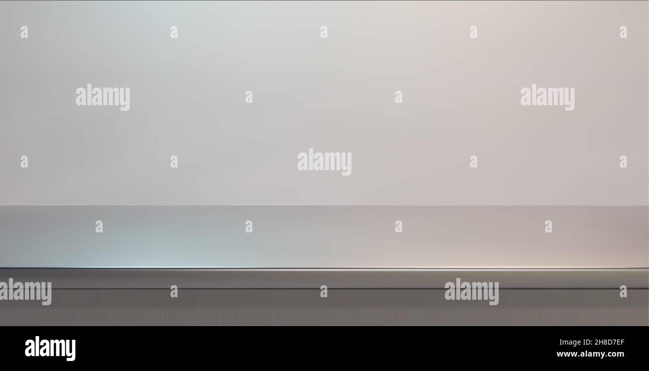 Silver steel countertop, empty shelf. Vector realistic mockup of table top, kitchen counter on gray background with spot light. Bar desk surface in fo Stock Vector