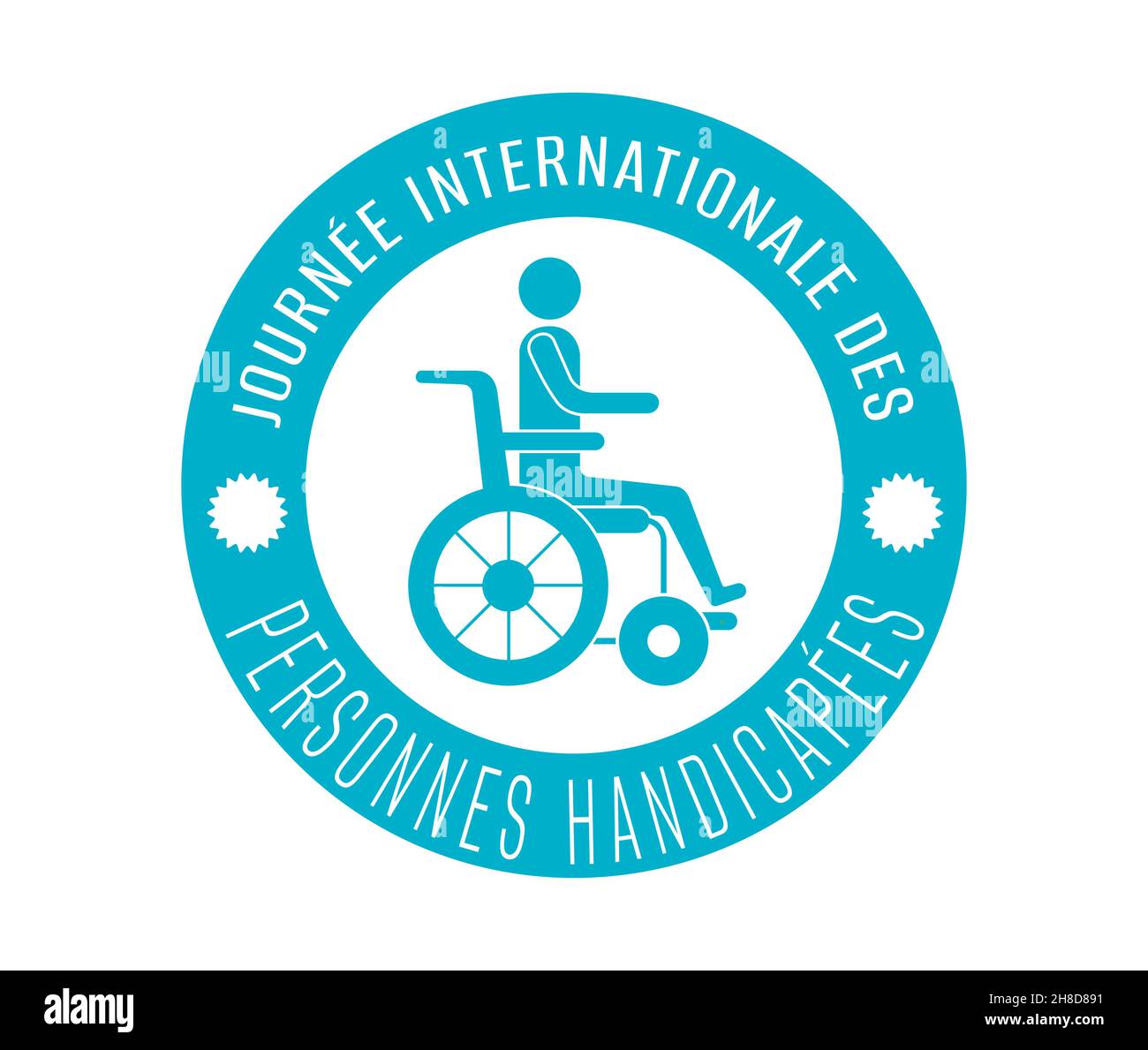 World disability day sticker French language. International Day of Persons with Disabilities French. Disabled, handicapped, defective, malform Stock Vector