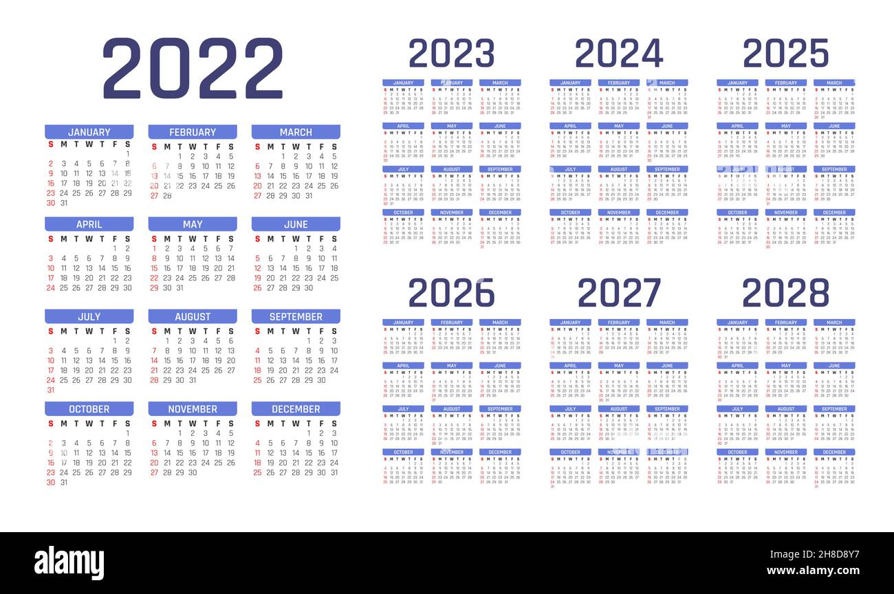 2022-2028 Calendar. 2022 calendar. 2023 calendar. 2024 calendar. 2025 calendar. 2026 calendar. 2027 calendar. 2028 calendar. 2022-2028 almanac. Stock Vector