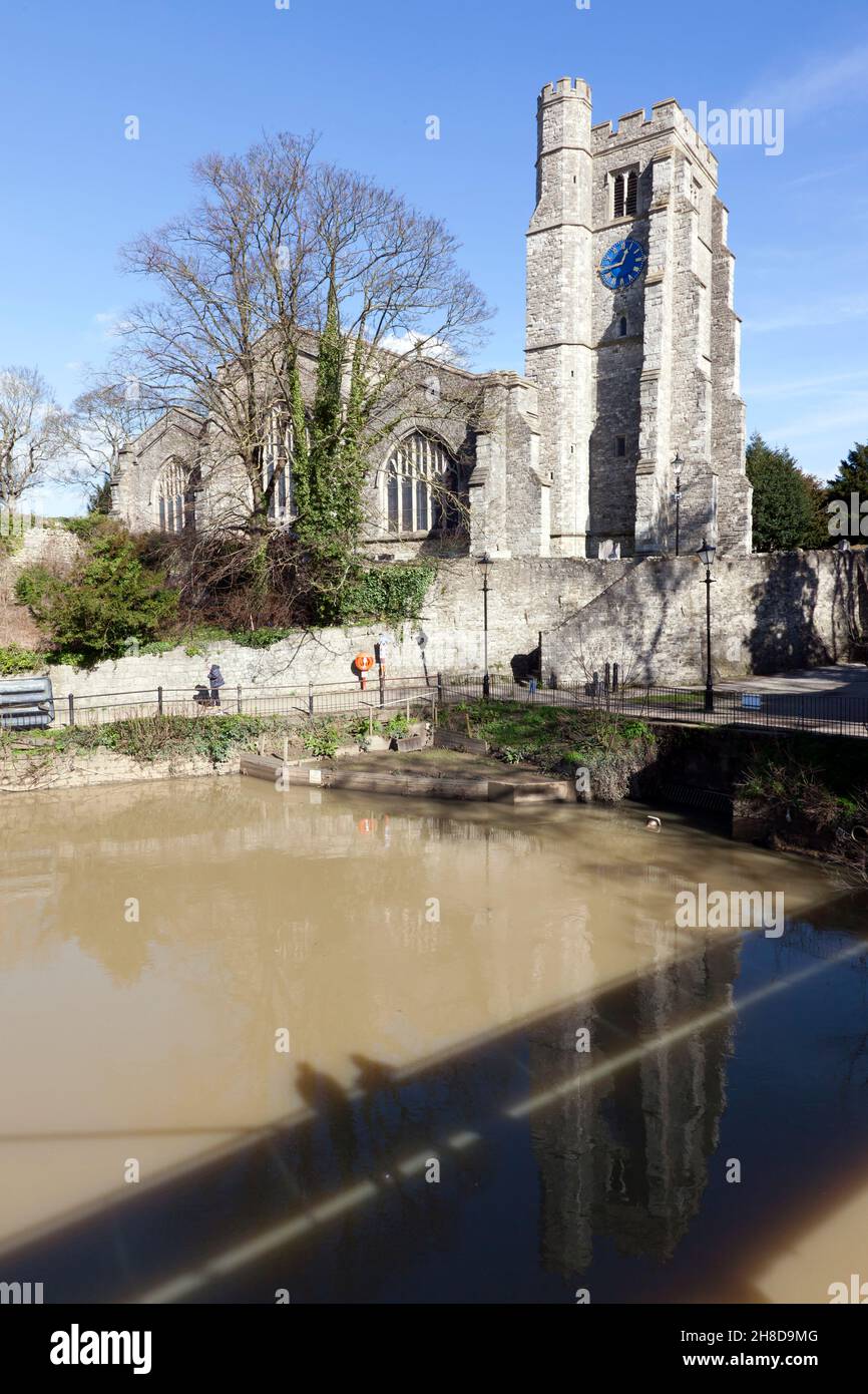 View across the River Medway, from the Lockmeadow Millennium Bridge of  All Saints Church, Maidstone, Kent Stock Photo