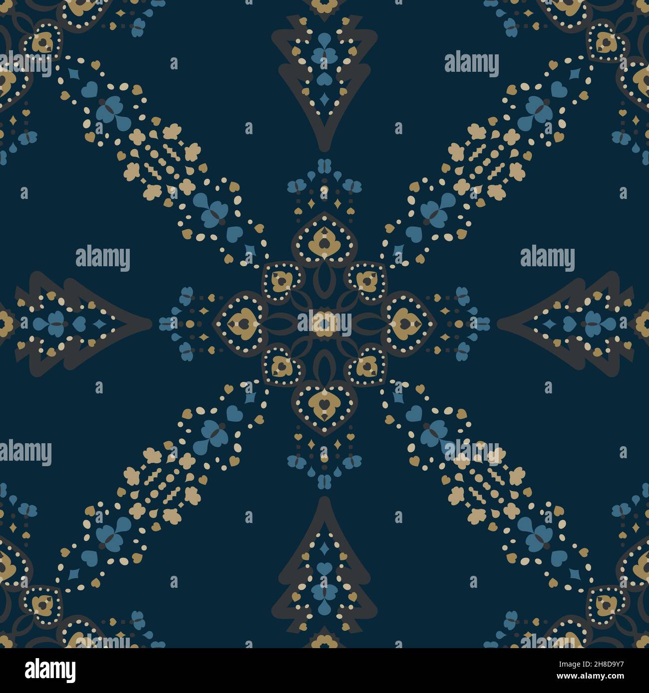 Seamless pattern. Christmas theme with christmas trees, hearts and butterflies. Colors blue, grey and golden yellow. Stock Photo