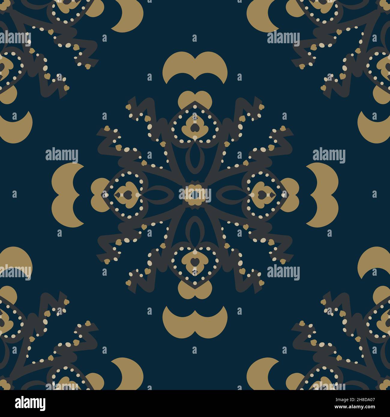 Seamless pattern. Christmas theme with christmas trees and hearts. Colors blue, grey and golden yellow. Stock Photo