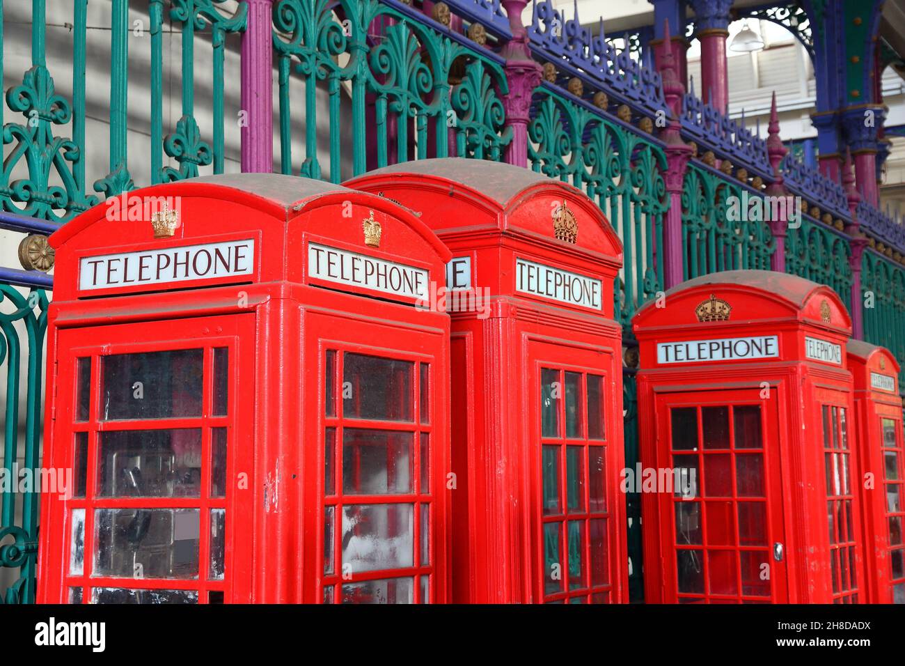 London UK red telephone - phone booths in England. London landmarks. Stock Photo