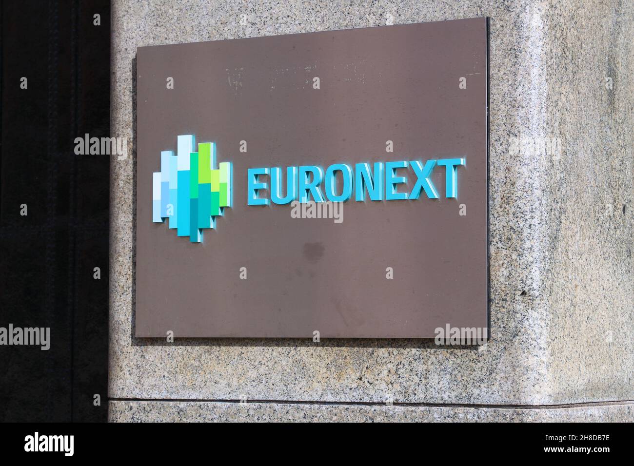 AMSTERDAM, NETHERLANDS - JULY 9, 2017: Euronext sign in Amsterdam. Euronext NV is a European stock exchange in Amsterdam, Brussels, London, Lisbon and Stock Photo