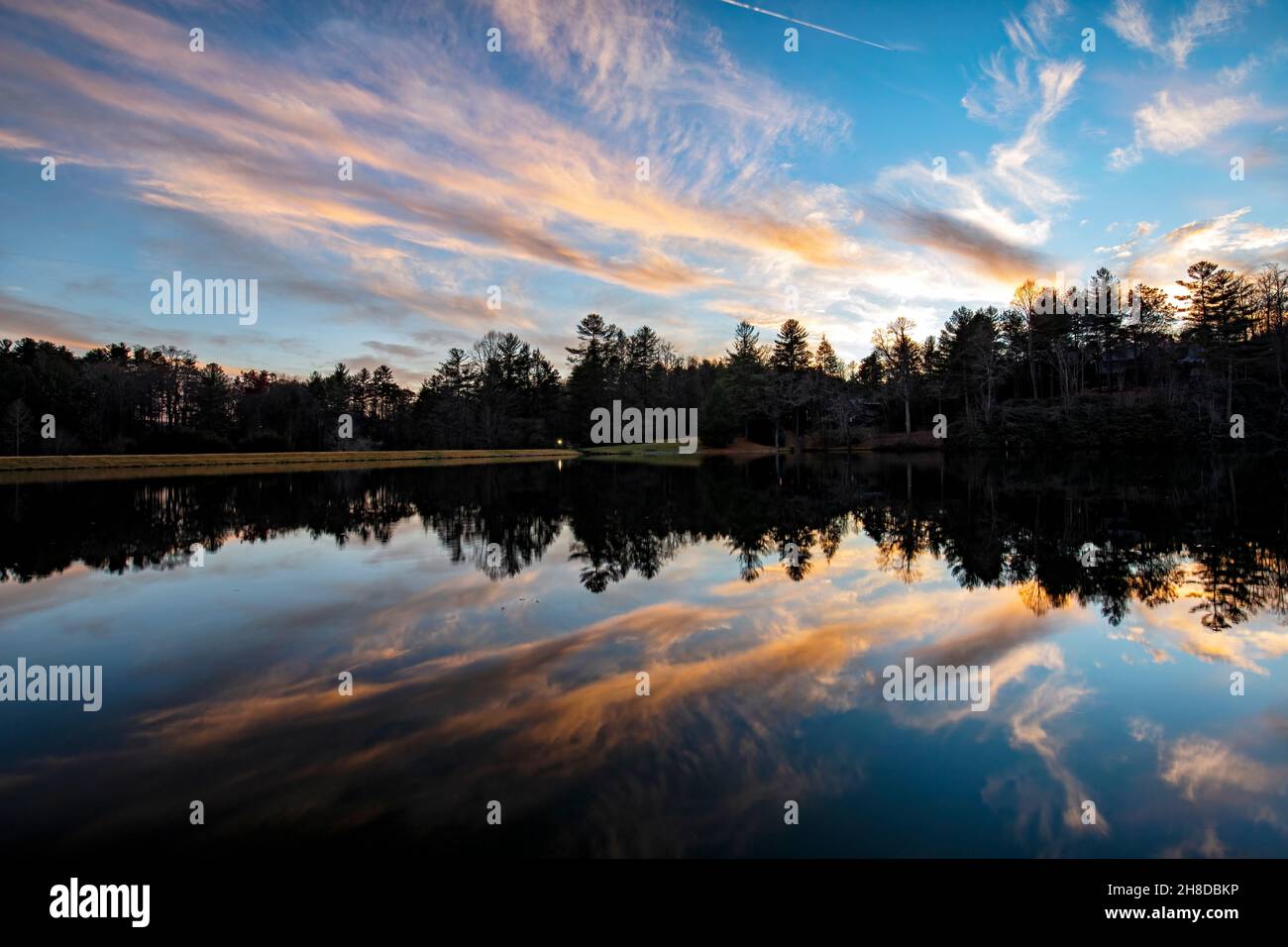 Straus Lake reflections at sunset - Brevard, North Carolina, USA Stock Photo