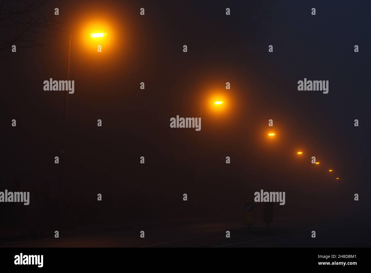 Street lights on foggy night disappearing into distance Stock Photo